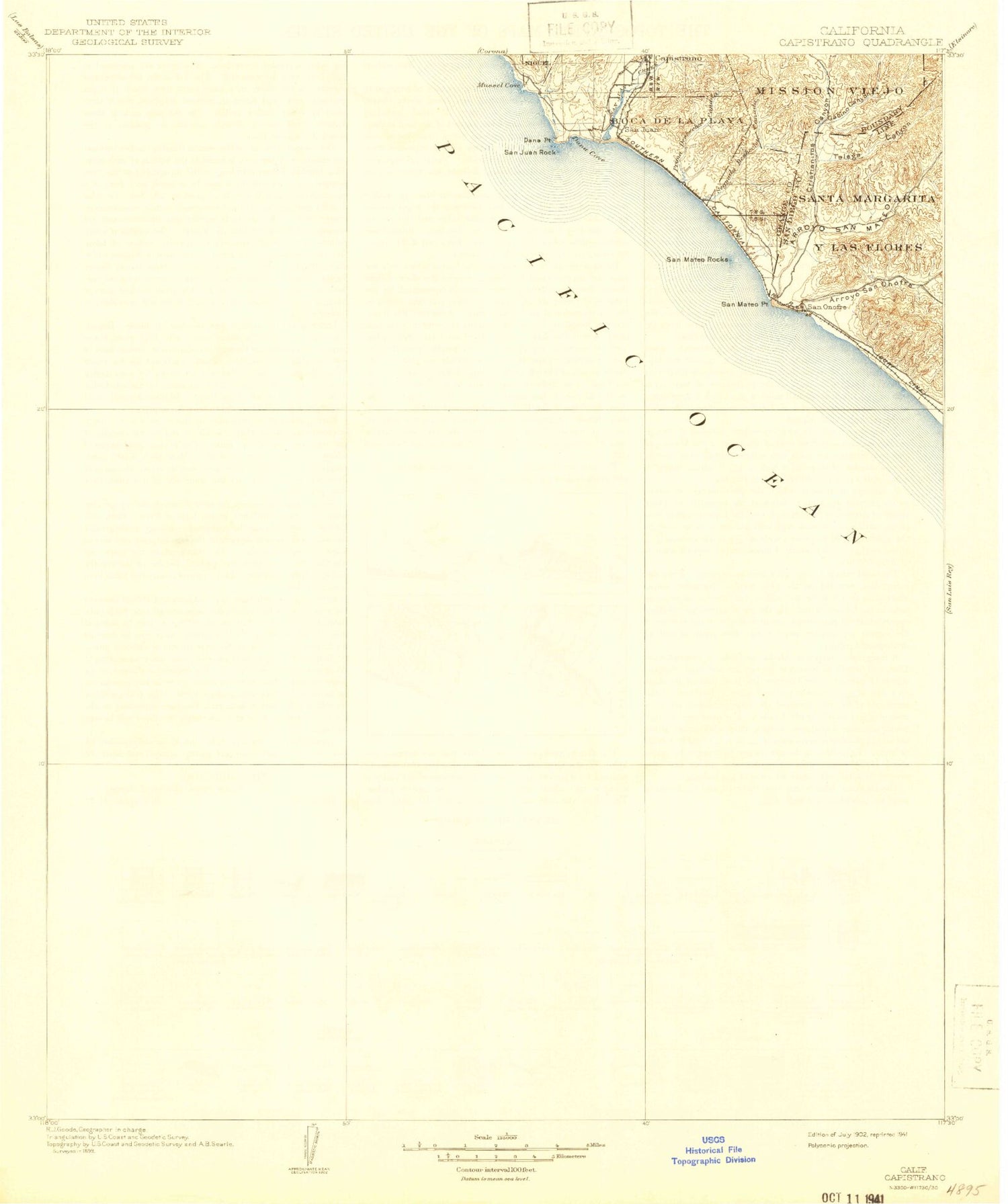 Historic 1902 Capistrano California 30'x30' Topo Map Image