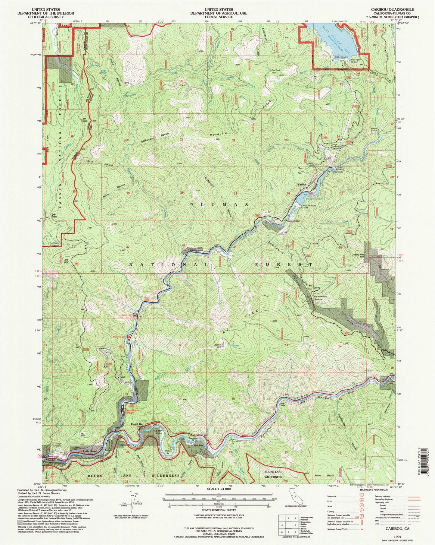 Classic USGS Caribou California 7.5'x7.5' Topo Map Image
