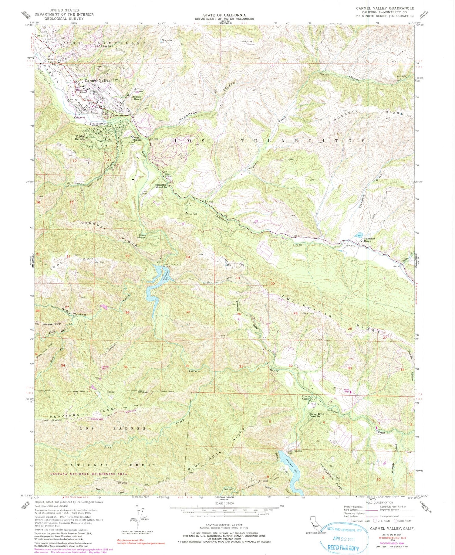 Classic USGS Carmel Valley California 7.5'x7.5' Topo Map Image