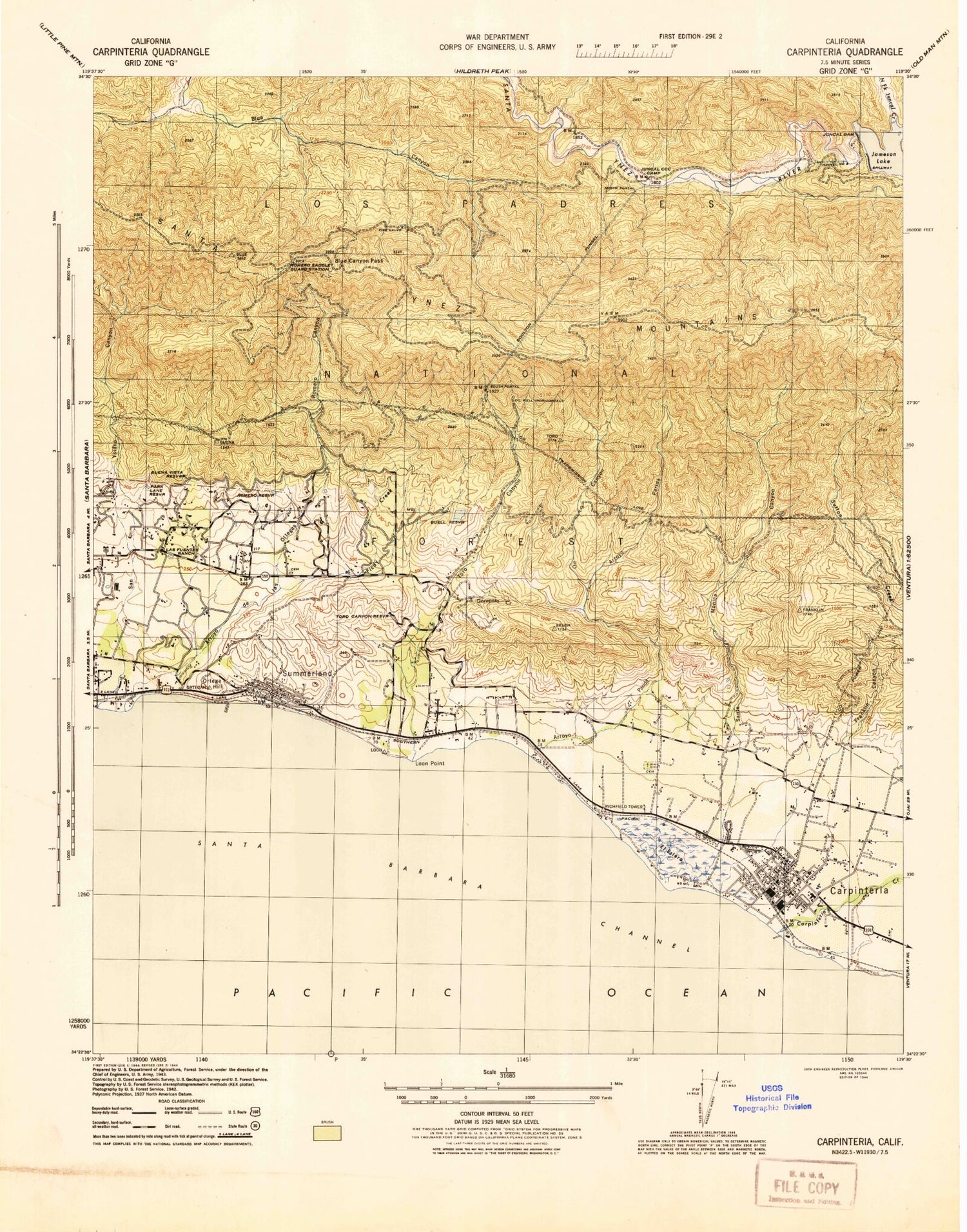 Classic USGS Carpinteria California 7.5'x7.5' Topo Map Image