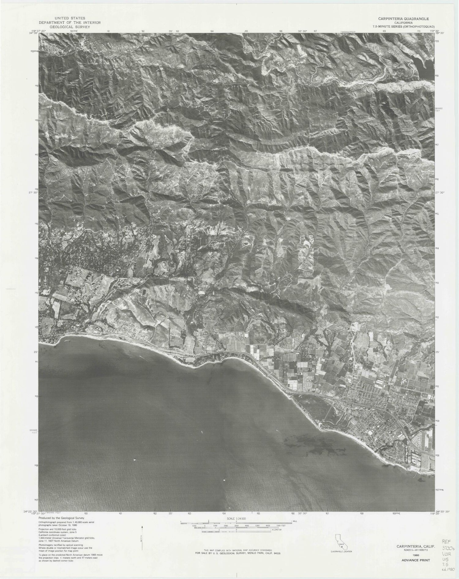 Classic USGS Carpinteria California 7.5'x7.5' Topo Map Image