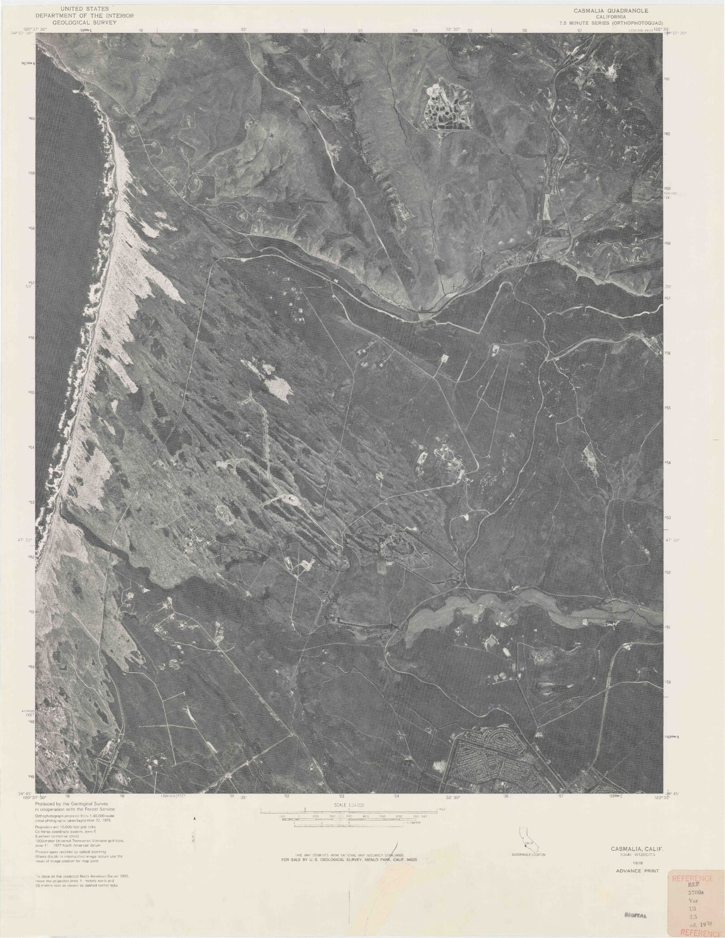Classic USGS Casmalia California 7.5'x7.5' Topo Map Image