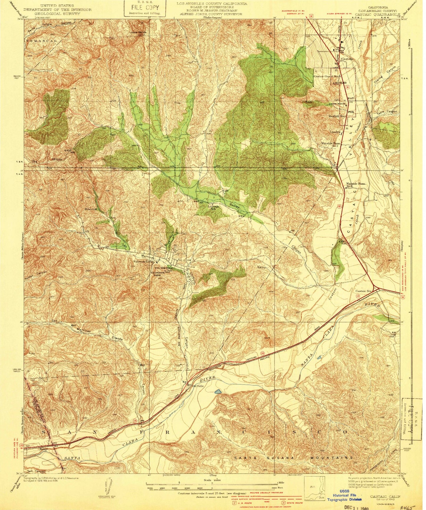 Classic USGS Castaic California 7.5'x7.5' Topo Map Image