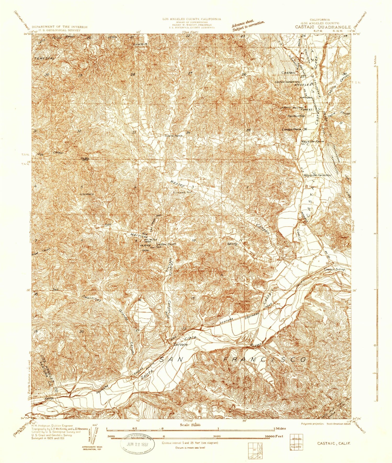 Classic USGS Castaic California 7.5'x7.5' Topo Map Image