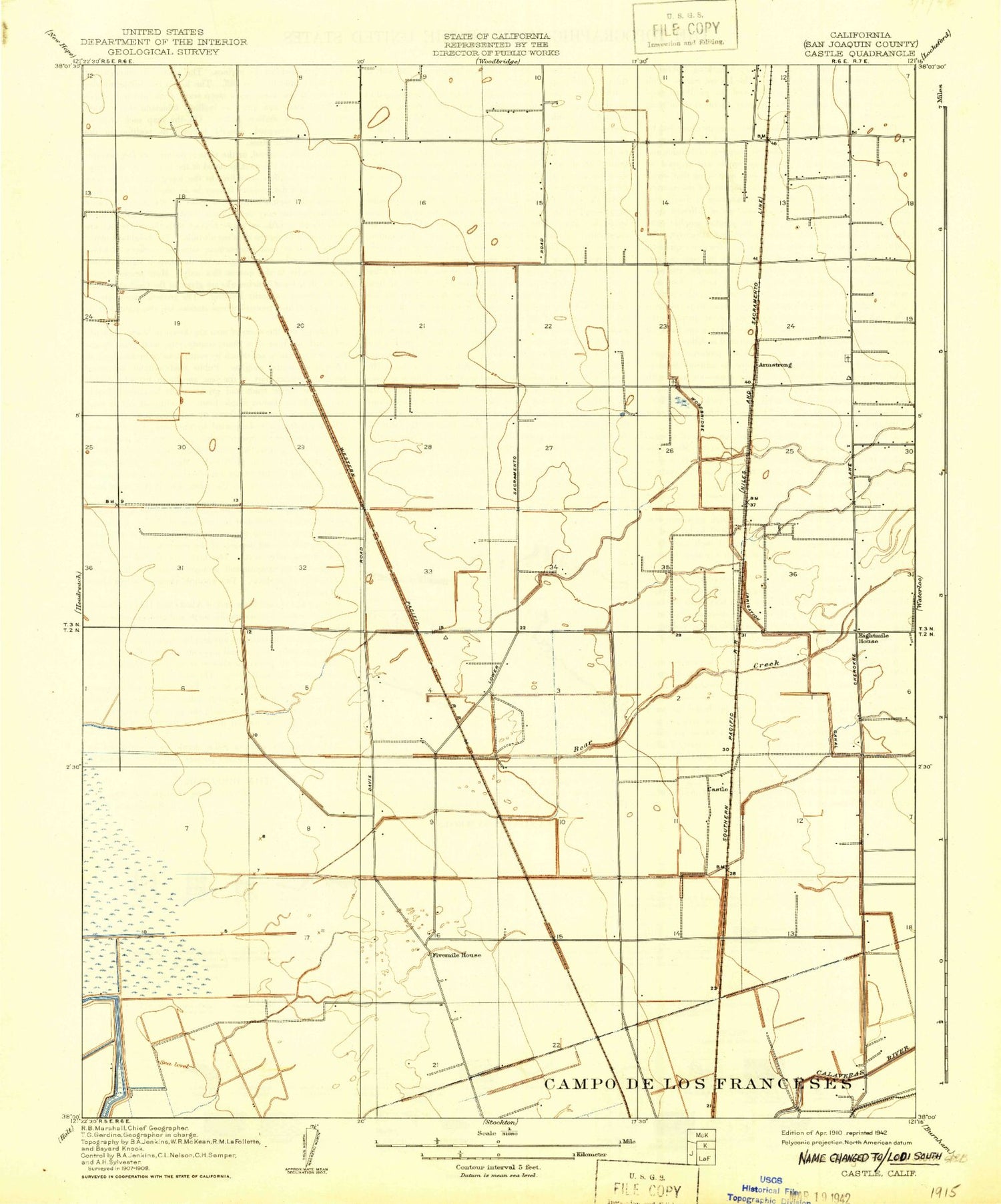 Classic USGS Lodi South California 7.5'x7.5' Topo Map Image