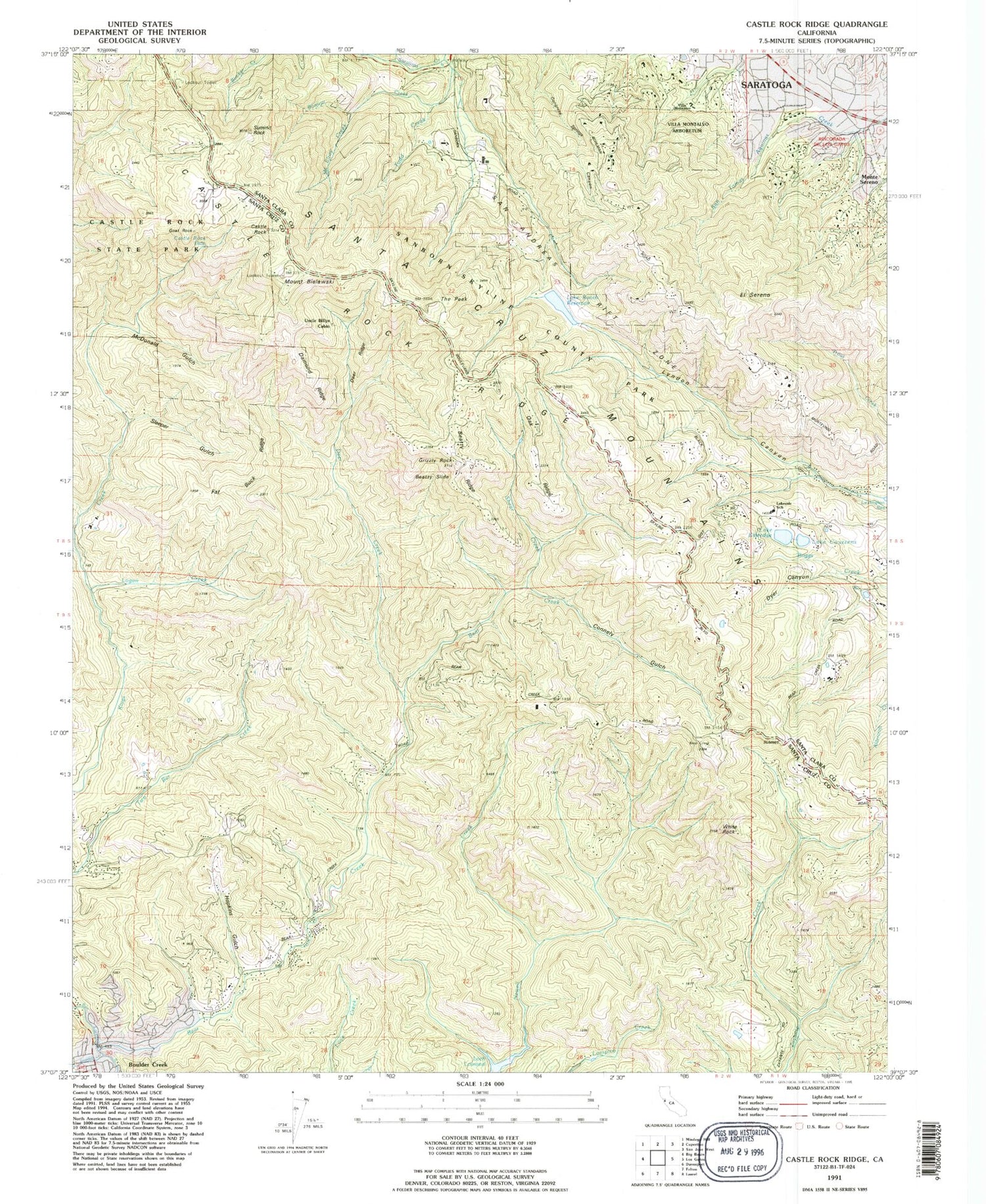 Classic USGS Castle Rock Ridge California 7.5'x7.5' Topo Map Image