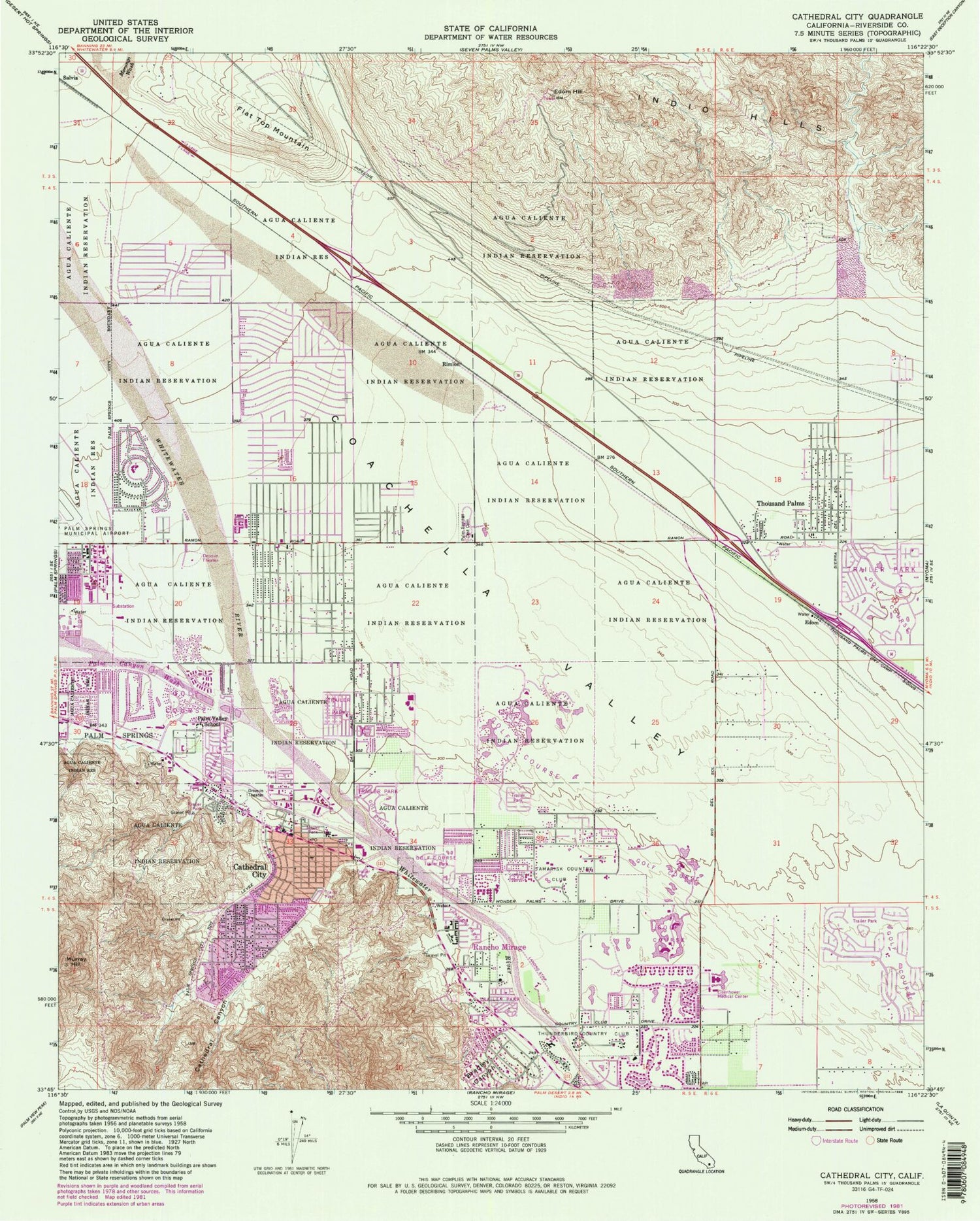 Classic USGS Cathedral City California 7.5'x7.5' Topo Map Image