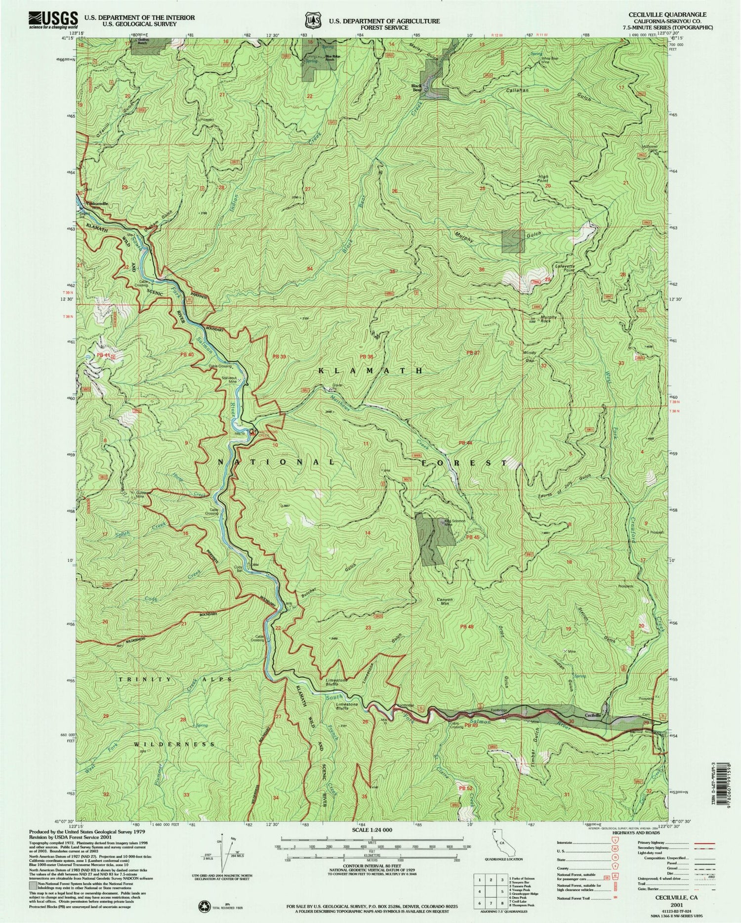 Classic USGS Cecilville California 7.5'x7.5' Topo Map Image