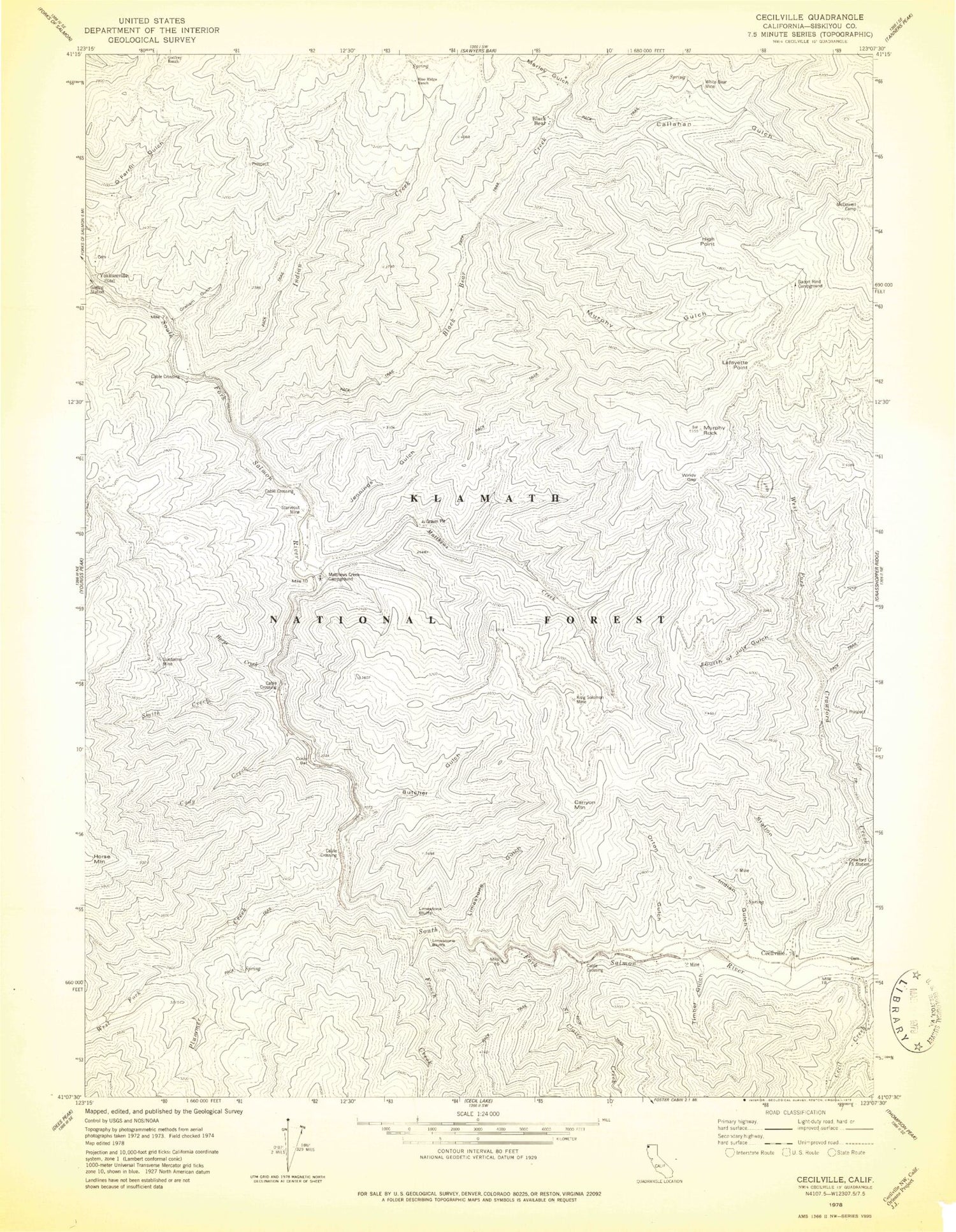 Classic USGS Cecilville California 7.5'x7.5' Topo Map Image