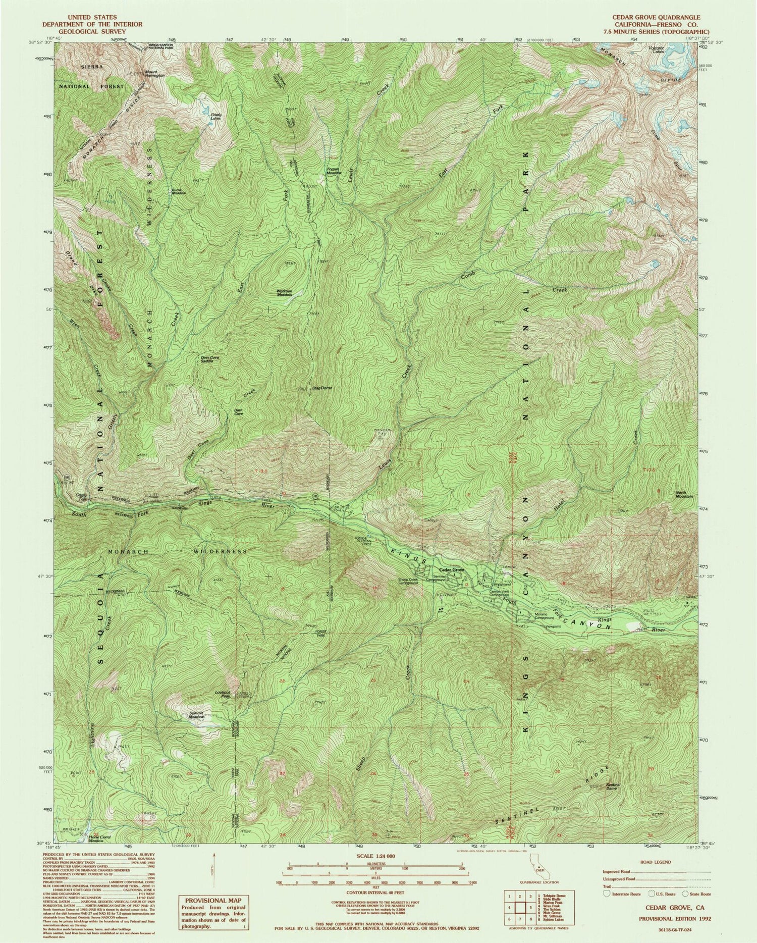 Classic USGS Cedar Grove California 7.5'x7.5' Topo Map Image