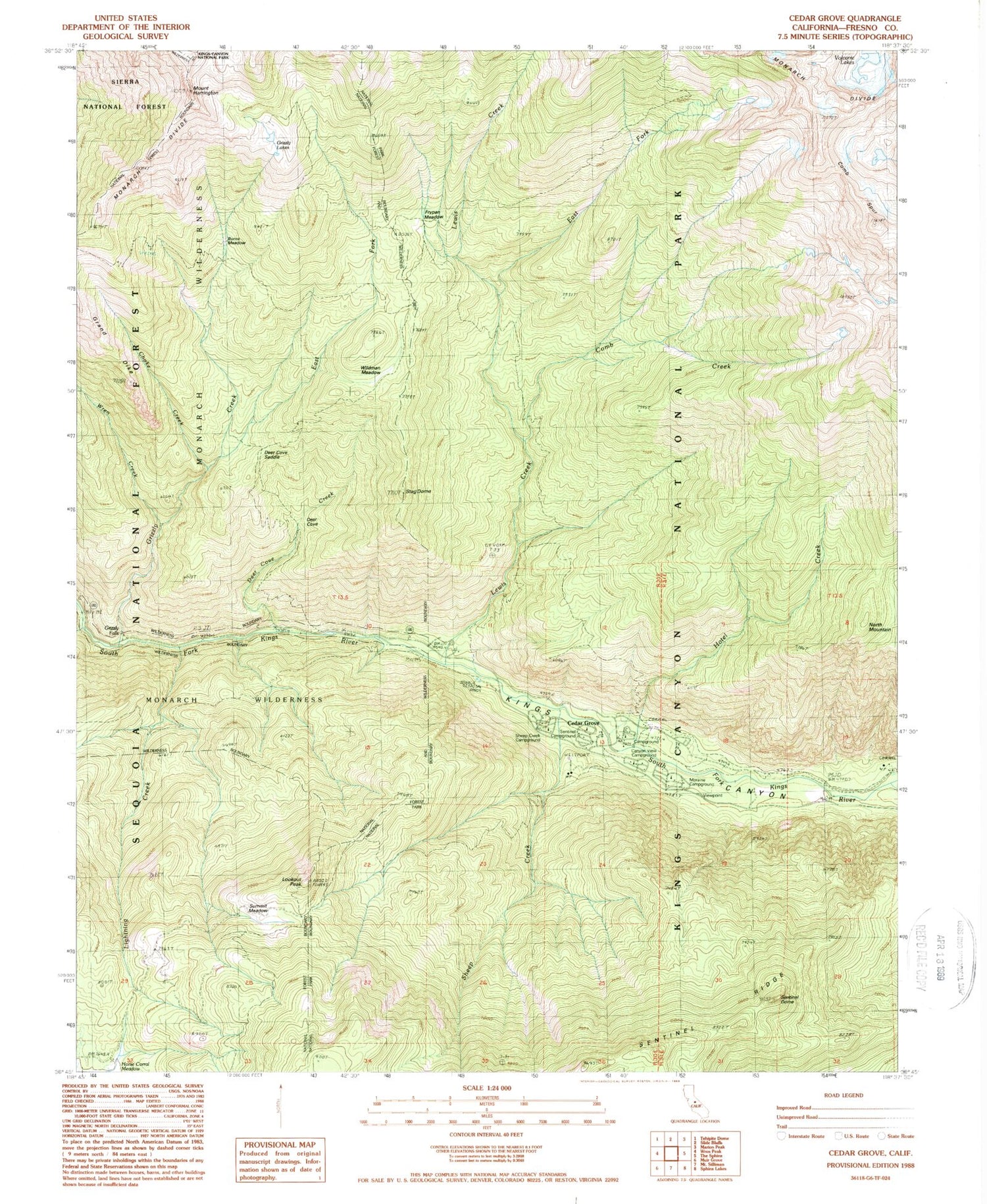 Classic USGS Cedar Grove California 7.5'x7.5' Topo Map Image