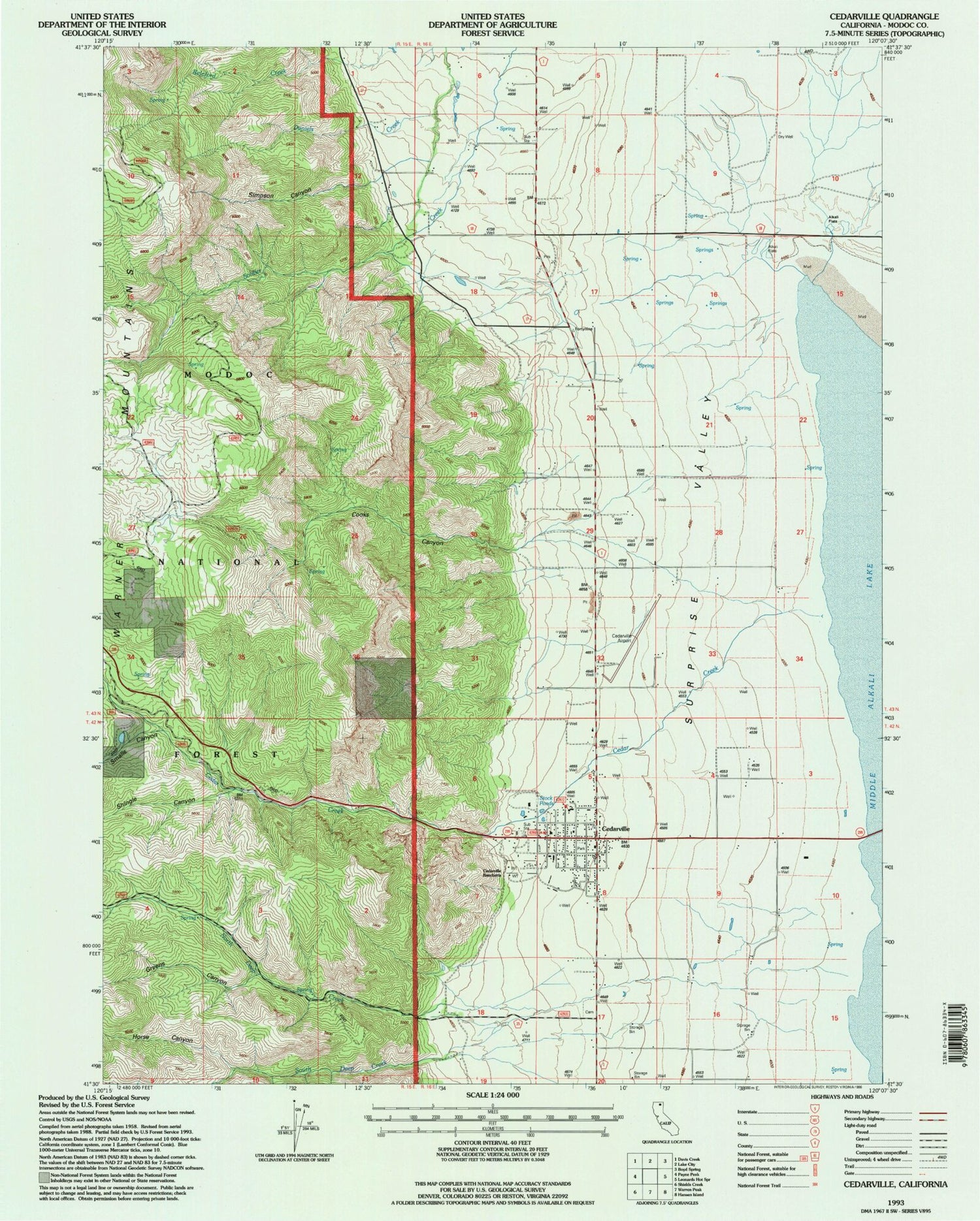 Classic USGS Cedarville California 7.5'x7.5' Topo Map Image