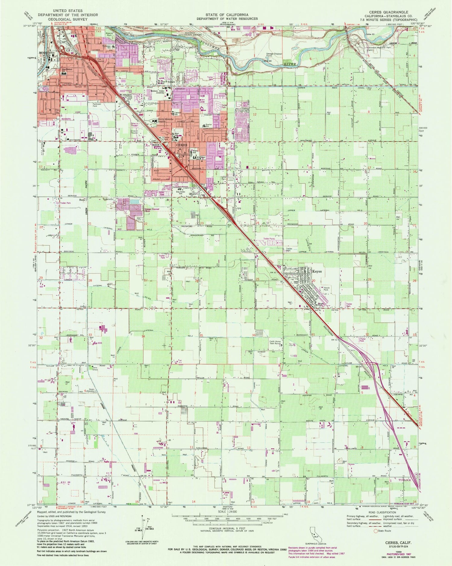 Classic USGS Ceres California 7.5'x7.5' Topo Map Image