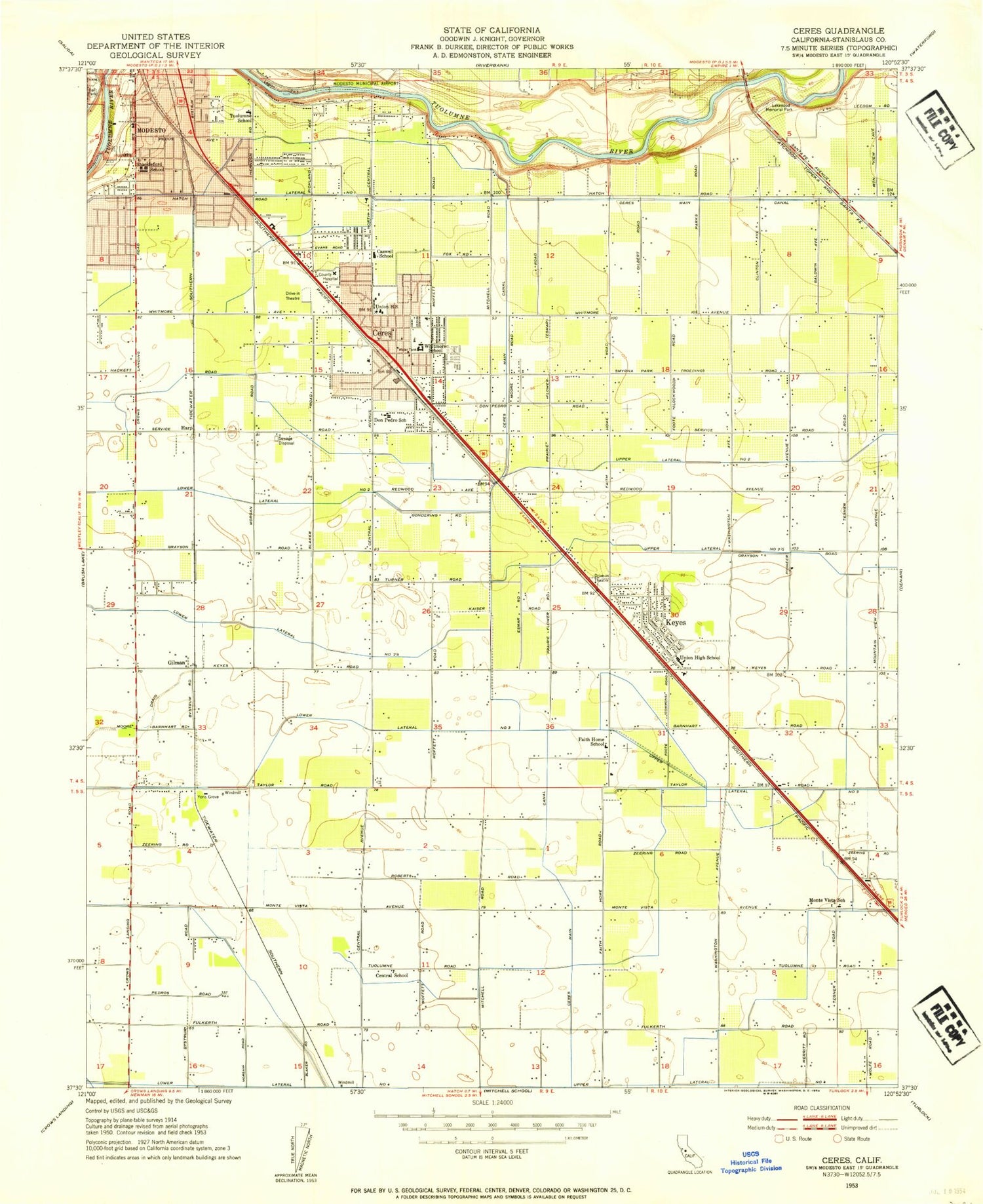 Classic USGS Ceres California 7.5'x7.5' Topo Map Image
