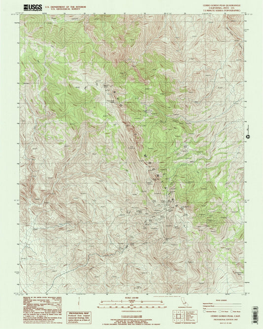Classic USGS Cerro Gordo Peak California 7.5'x7.5' Topo Map Image