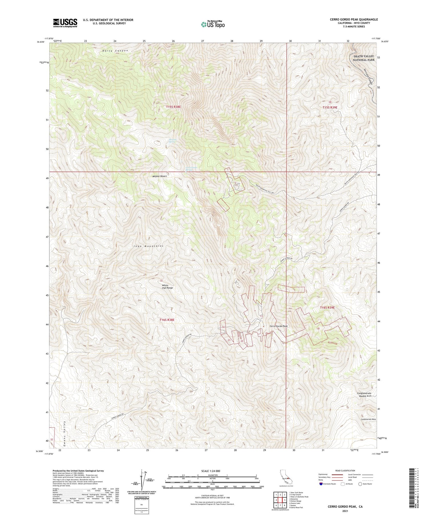 Cerro Gordo Peak California US Topo Map Image