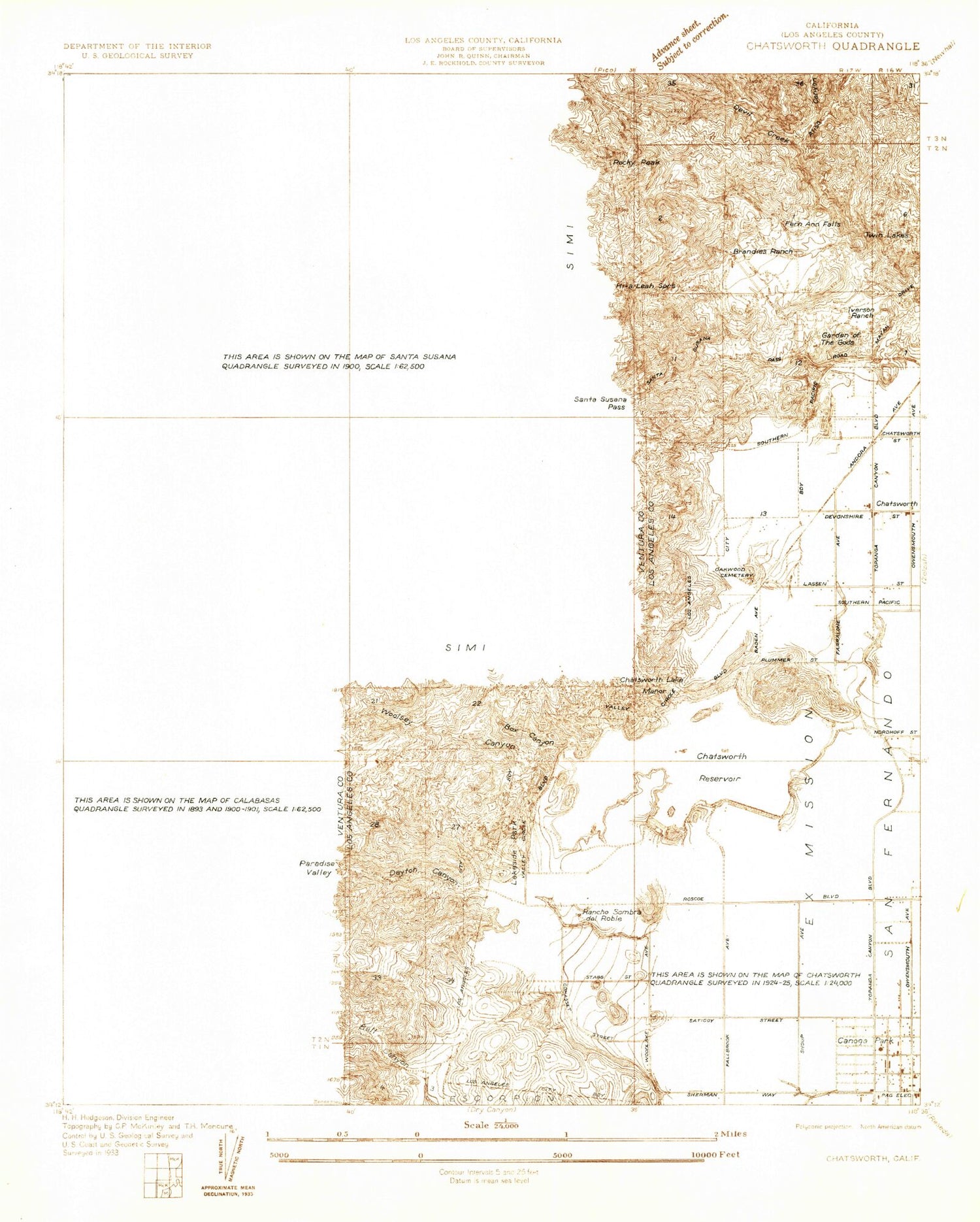 Classic USGS Chatsworth California 7.5'x7.5' Topo Map Image