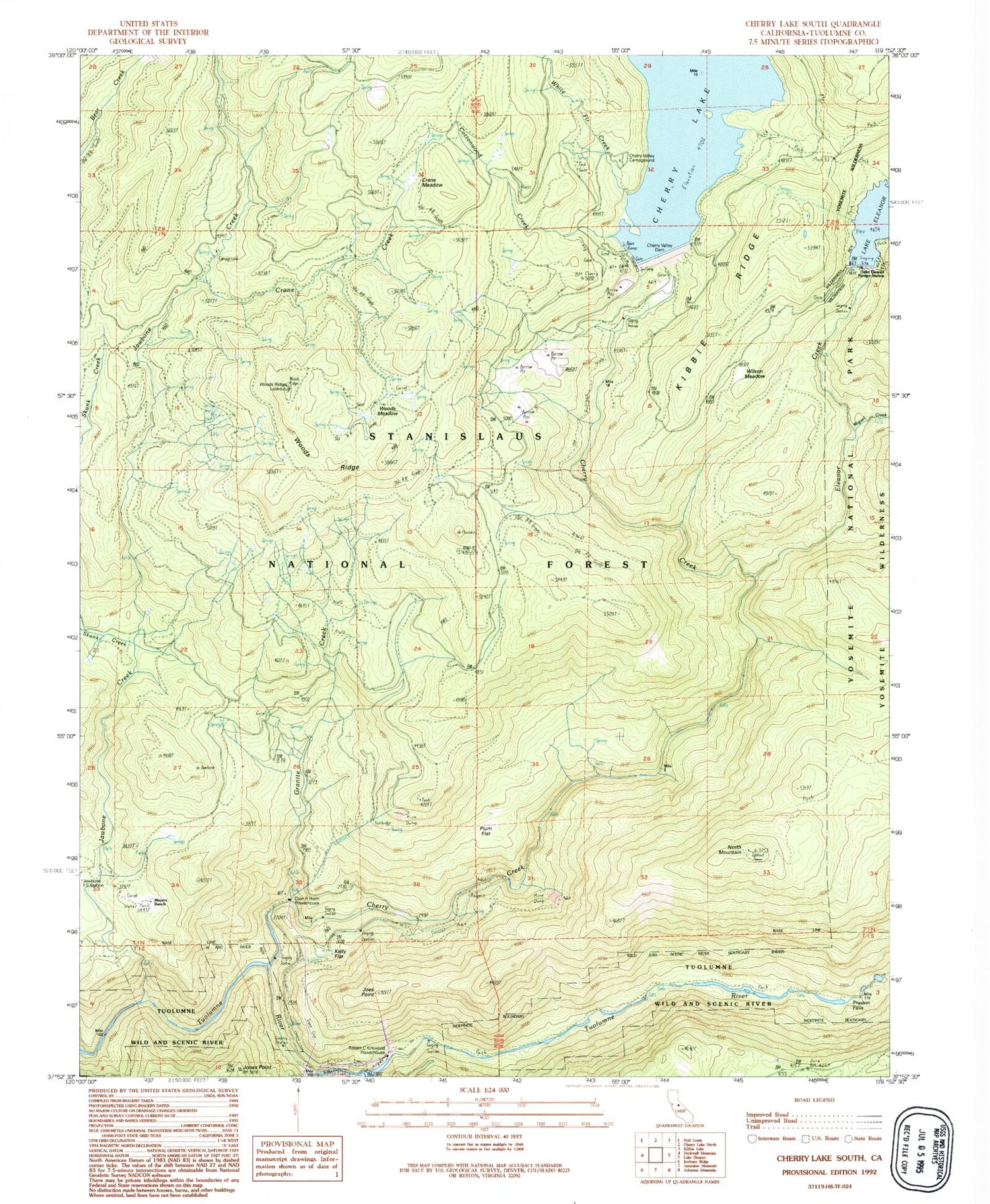 Classic USGS Cherry Lake South California 7.5'x7.5' Topo Map Image