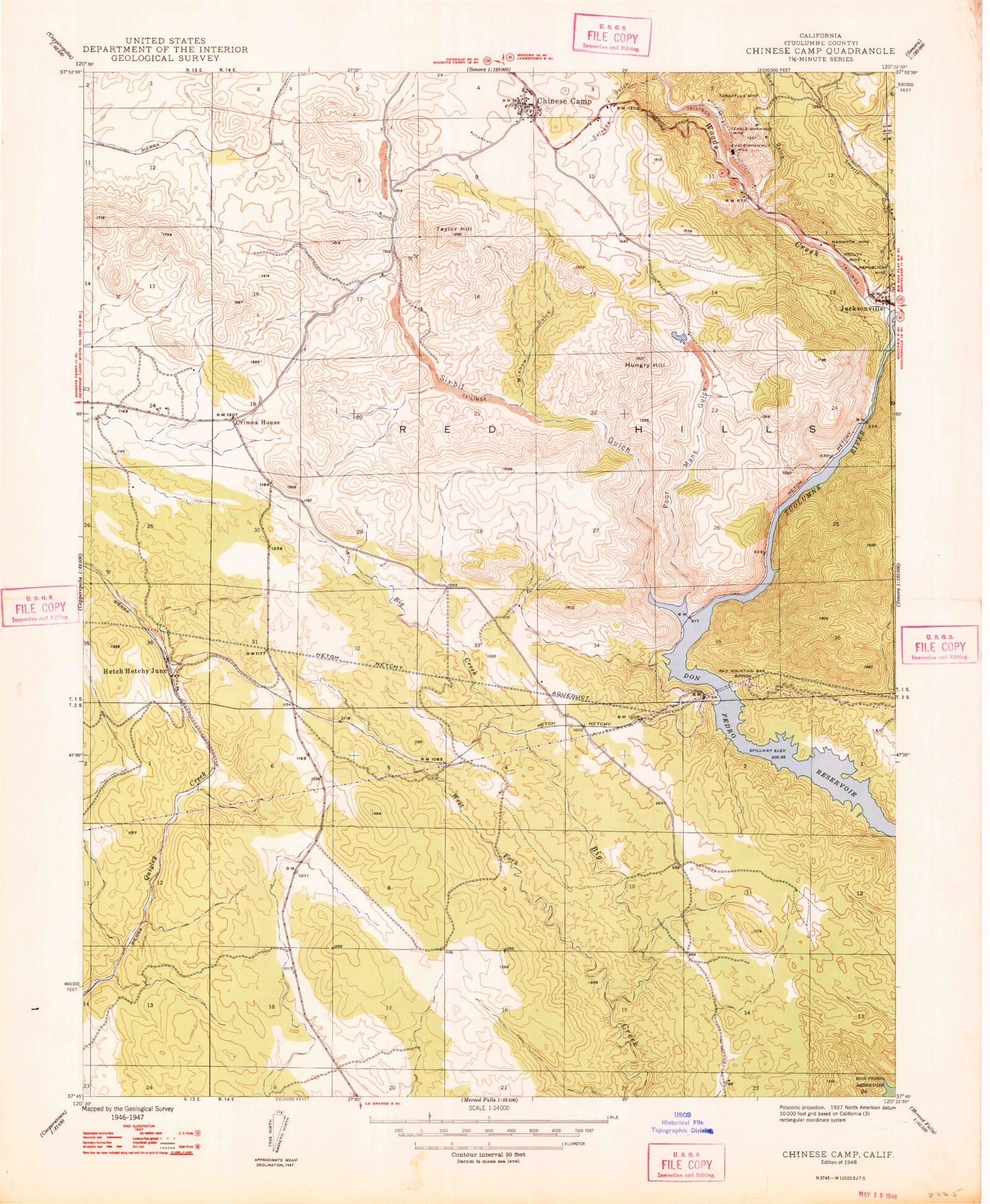 Classic USGS Chinese Camp California 7.5'x7.5' Topo Map Image