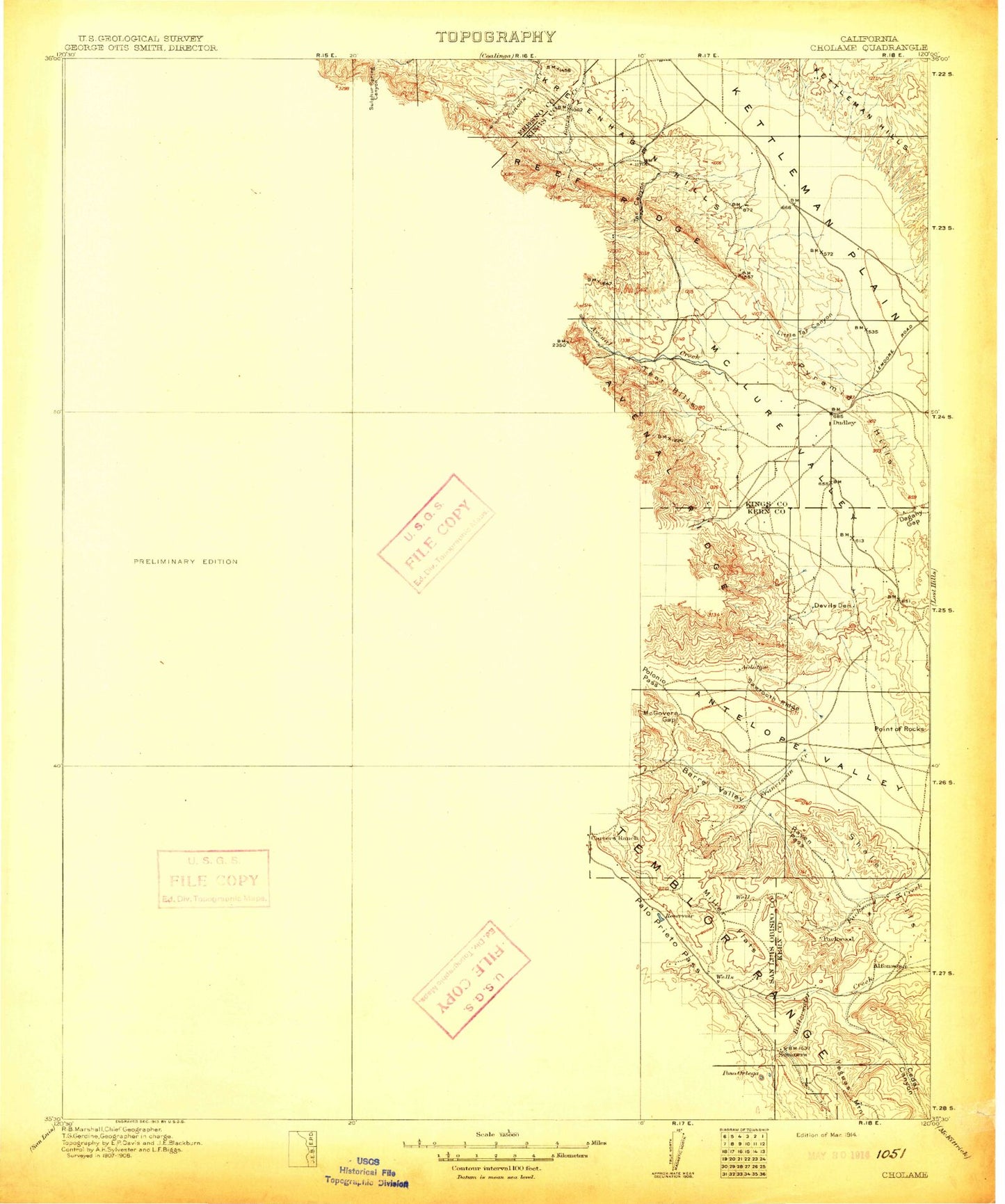 Historic 1914 Cholame California 30'x30' Topo Map Image