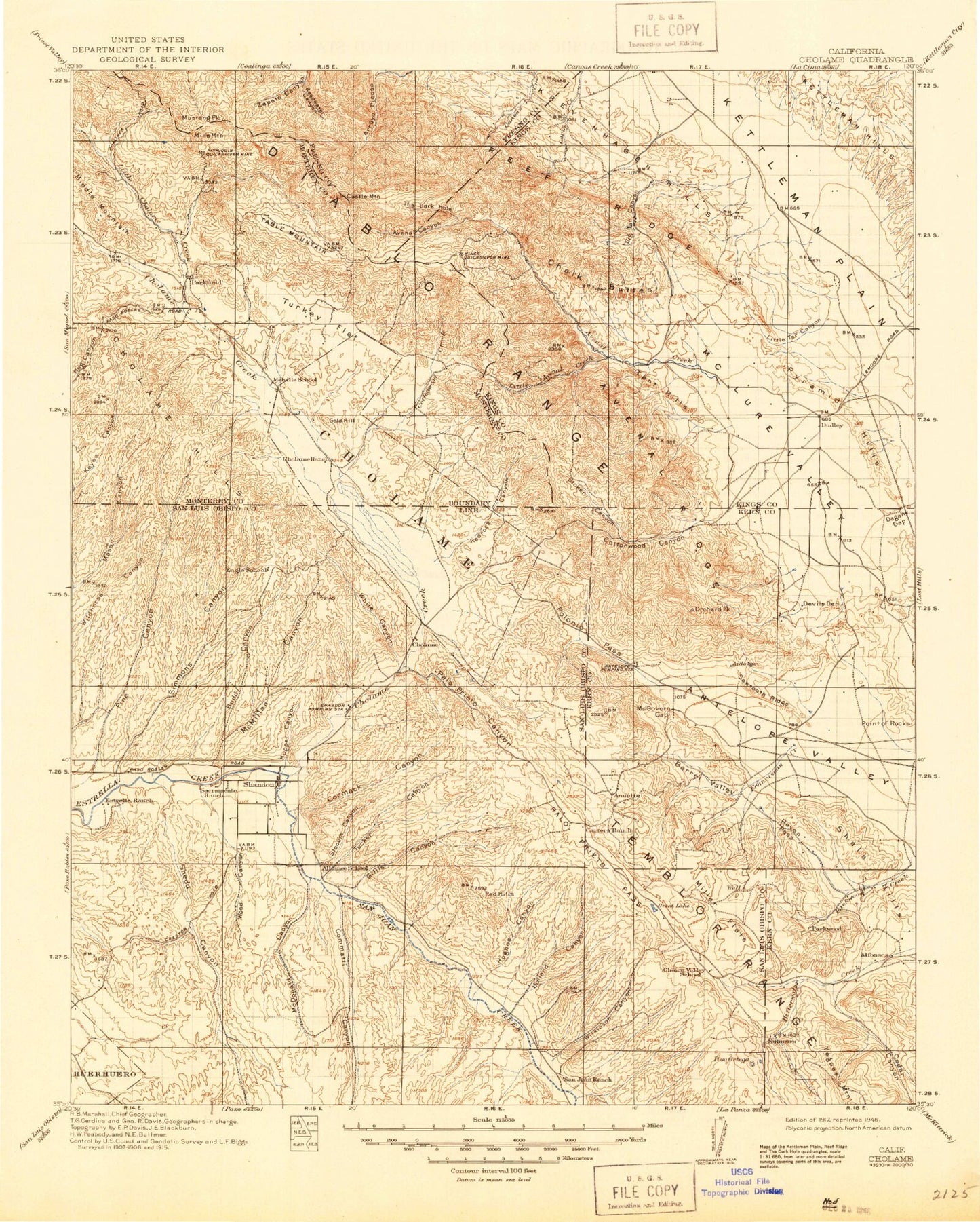 Historic 1917 Cholame California 30'x30' Topo Map Image