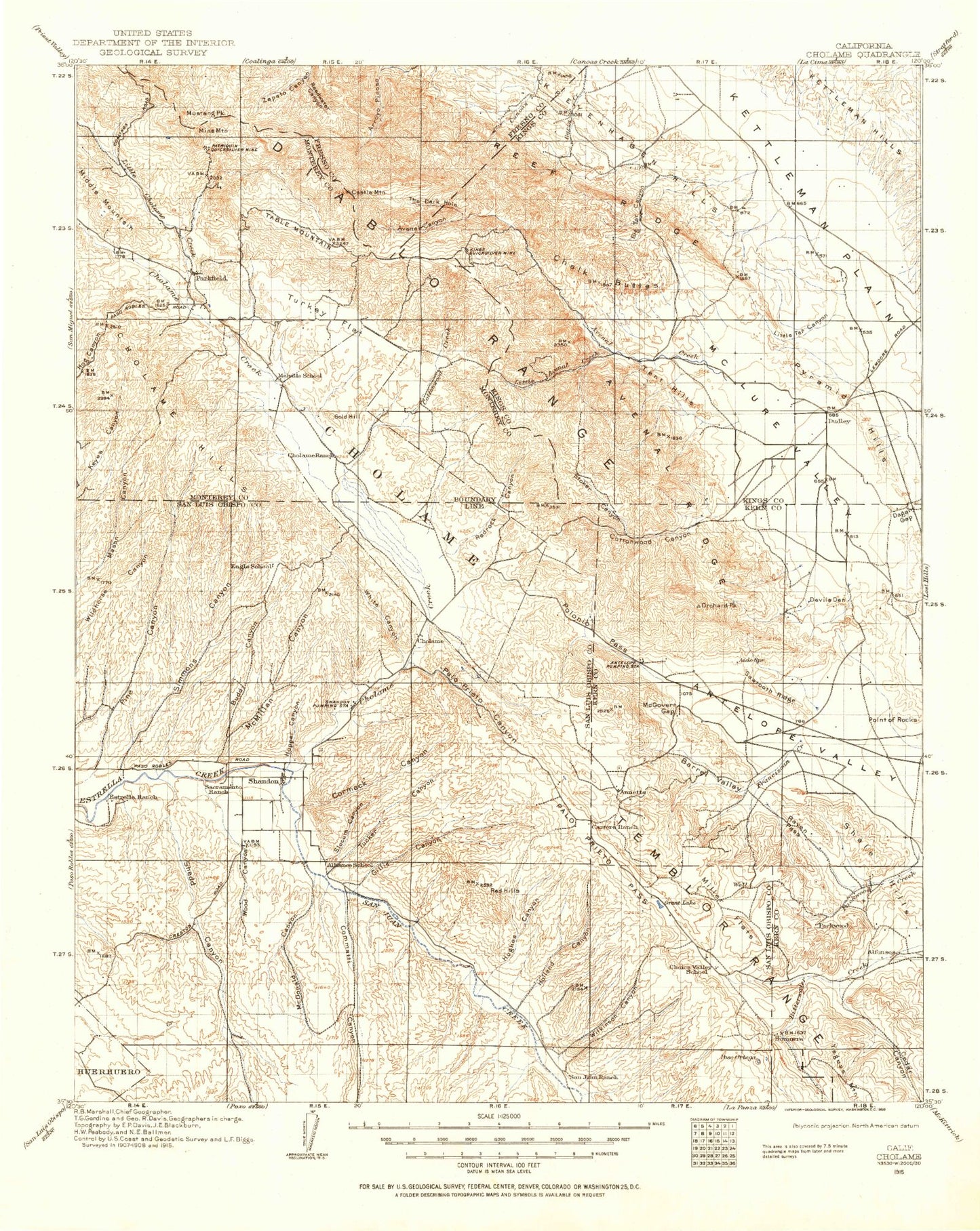 Historic 1915 Cholame California 30'x30' Topo Map Image