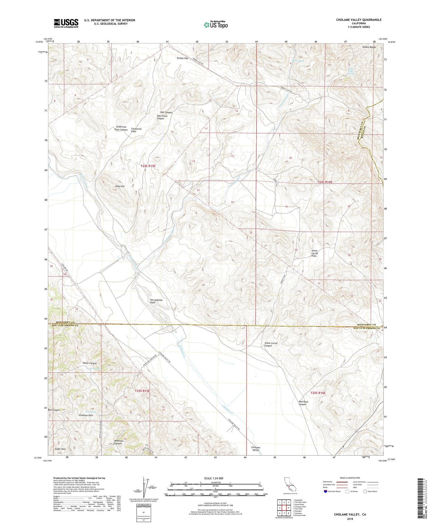 Cholame Valley California US Topo Map Image
