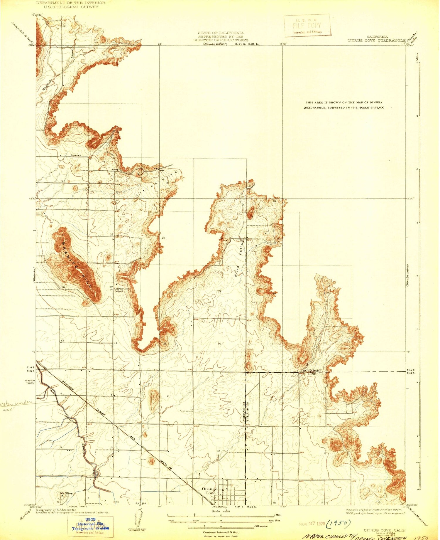 Classic USGS Orange Cove North California 7.5'x7.5' Topo Map Image
