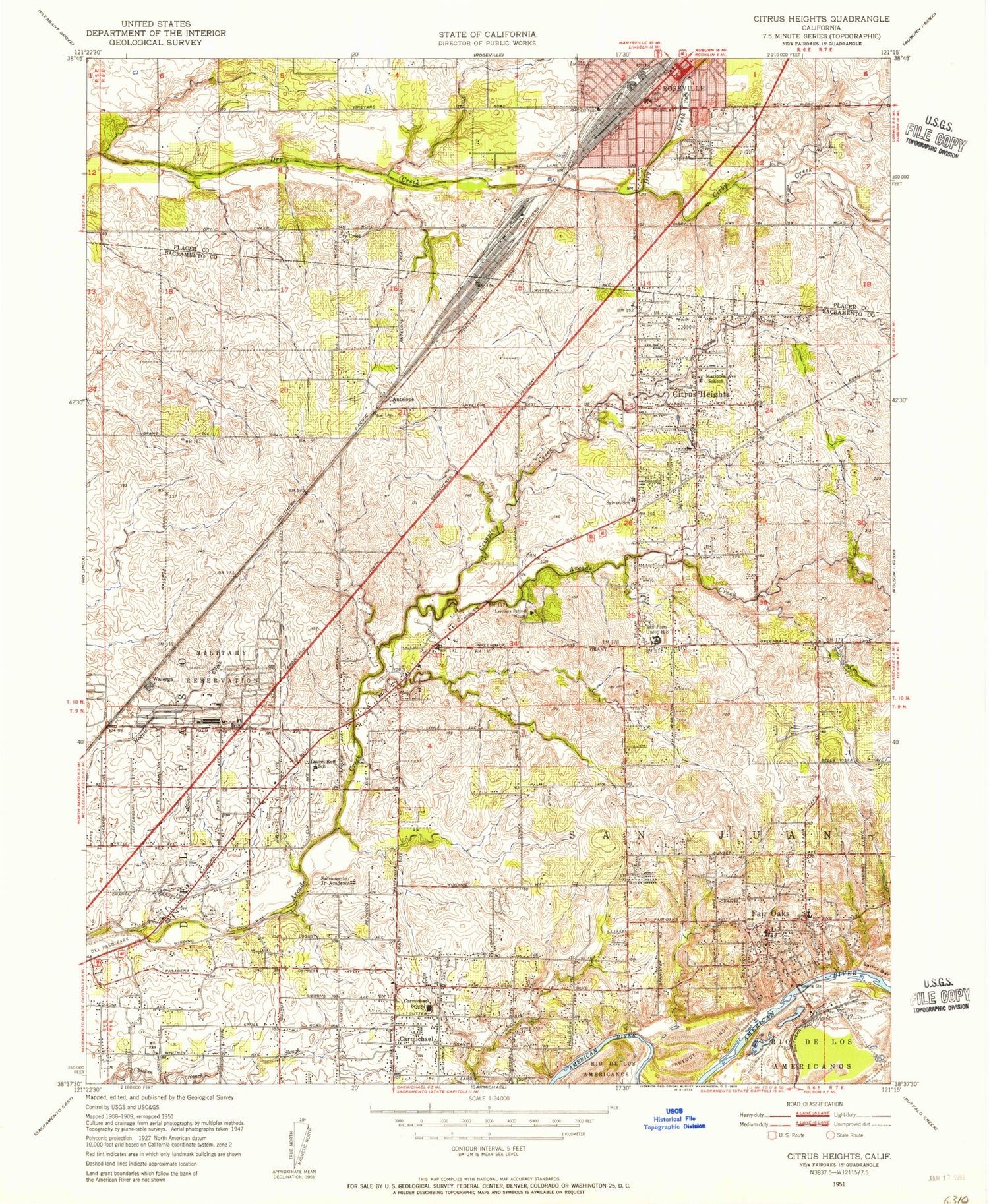 Classic USGS Citrus Heights California 7.5'x7.5' Topo Map Image