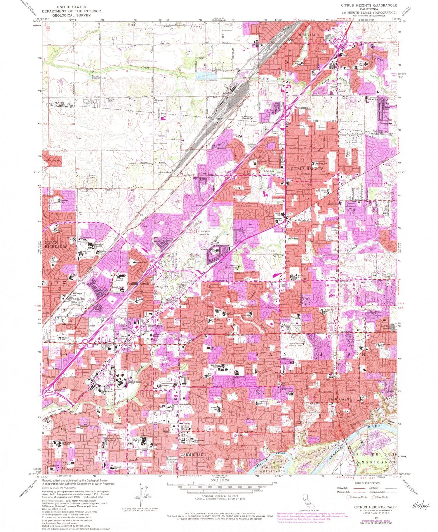 Classic USGS Citrus Heights California 7.5'x7.5' Topo Map Image