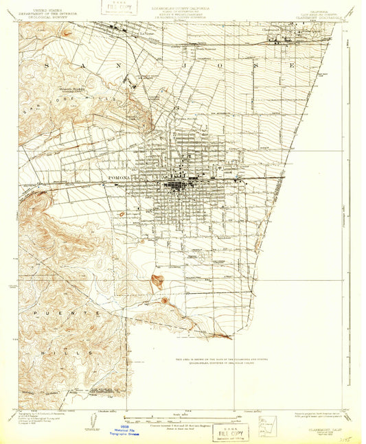 Classic USGS Claremont California 7.5'x7.5' Topo Map Image