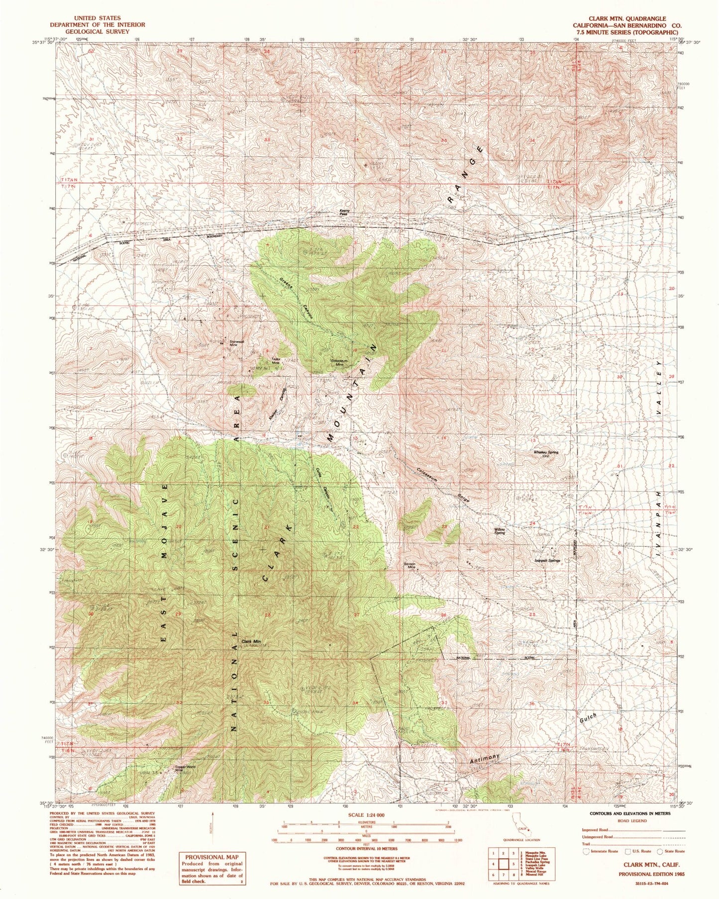 Classic USGS Clark Mountain California 7.5'x7.5' Topo Map Image