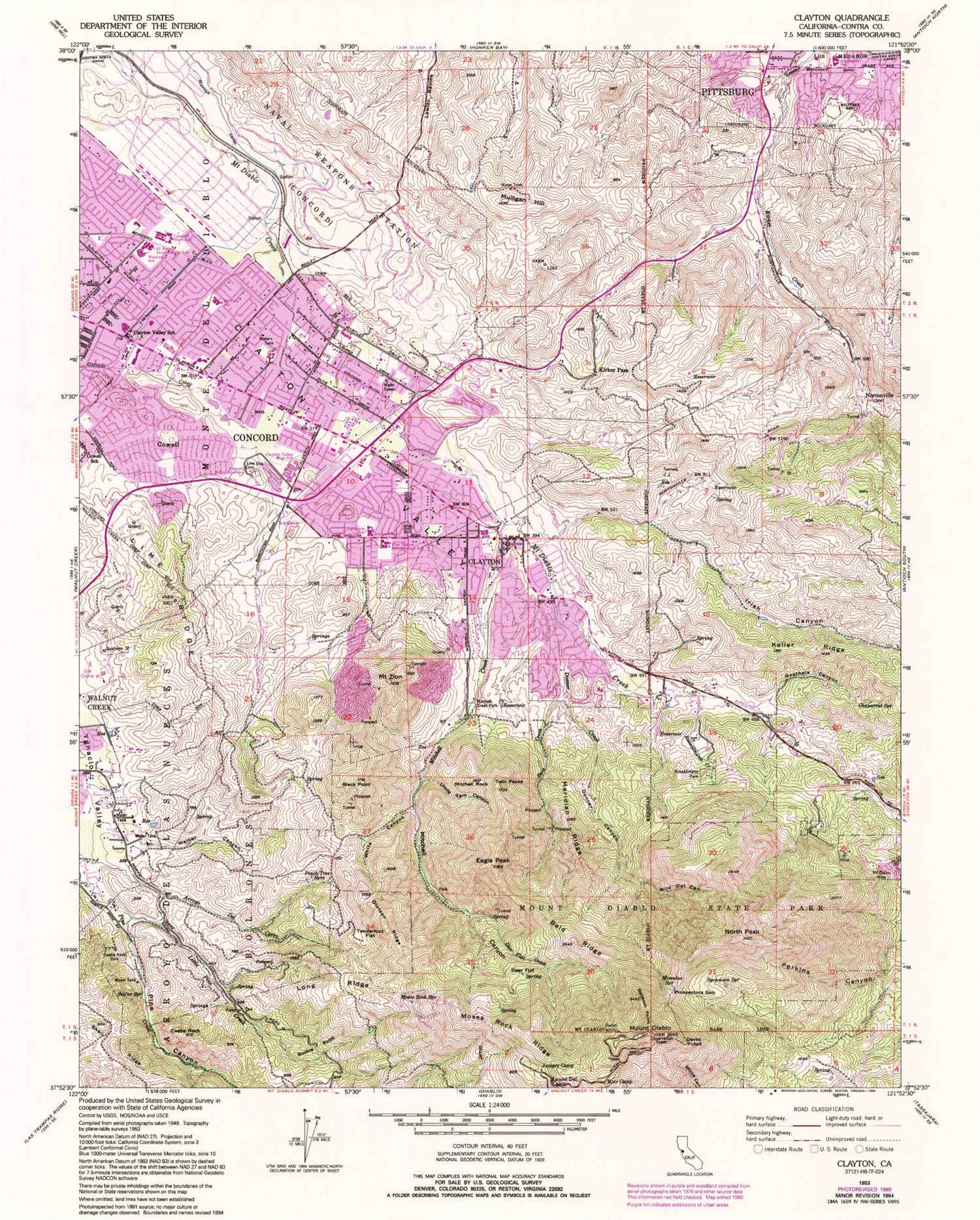 Classic USGS Clayton California 7.5'x7.5' Topo Map Image
