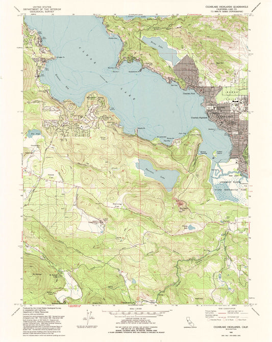 Classic USGS Clearlake Highlands California 7.5'x7.5' Topo Map Image