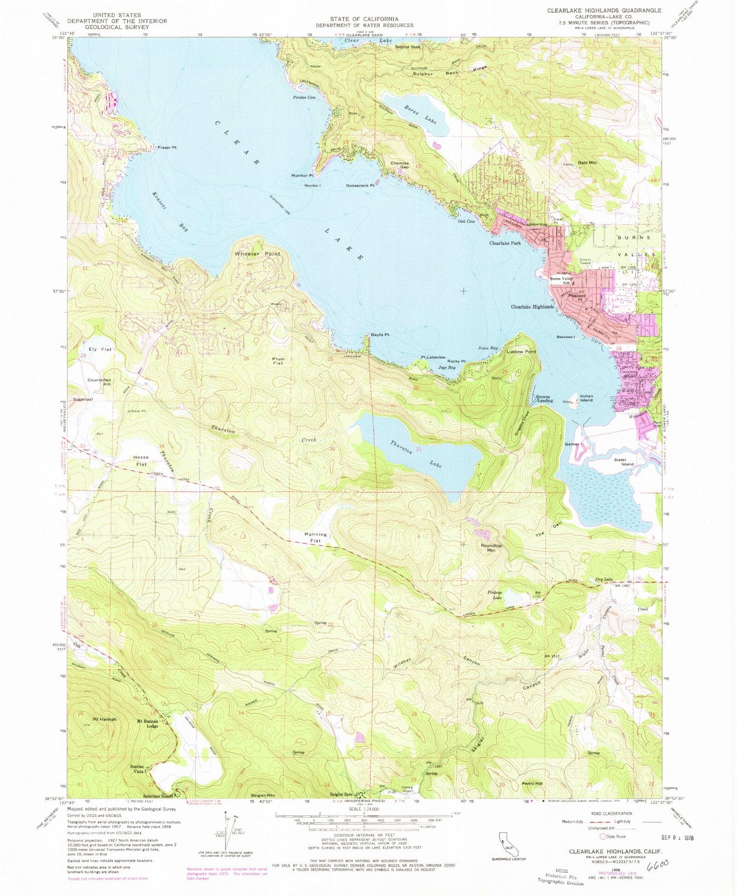 Classic USGS Clearlake Highlands California 7.5'x7.5' Topo Map Image