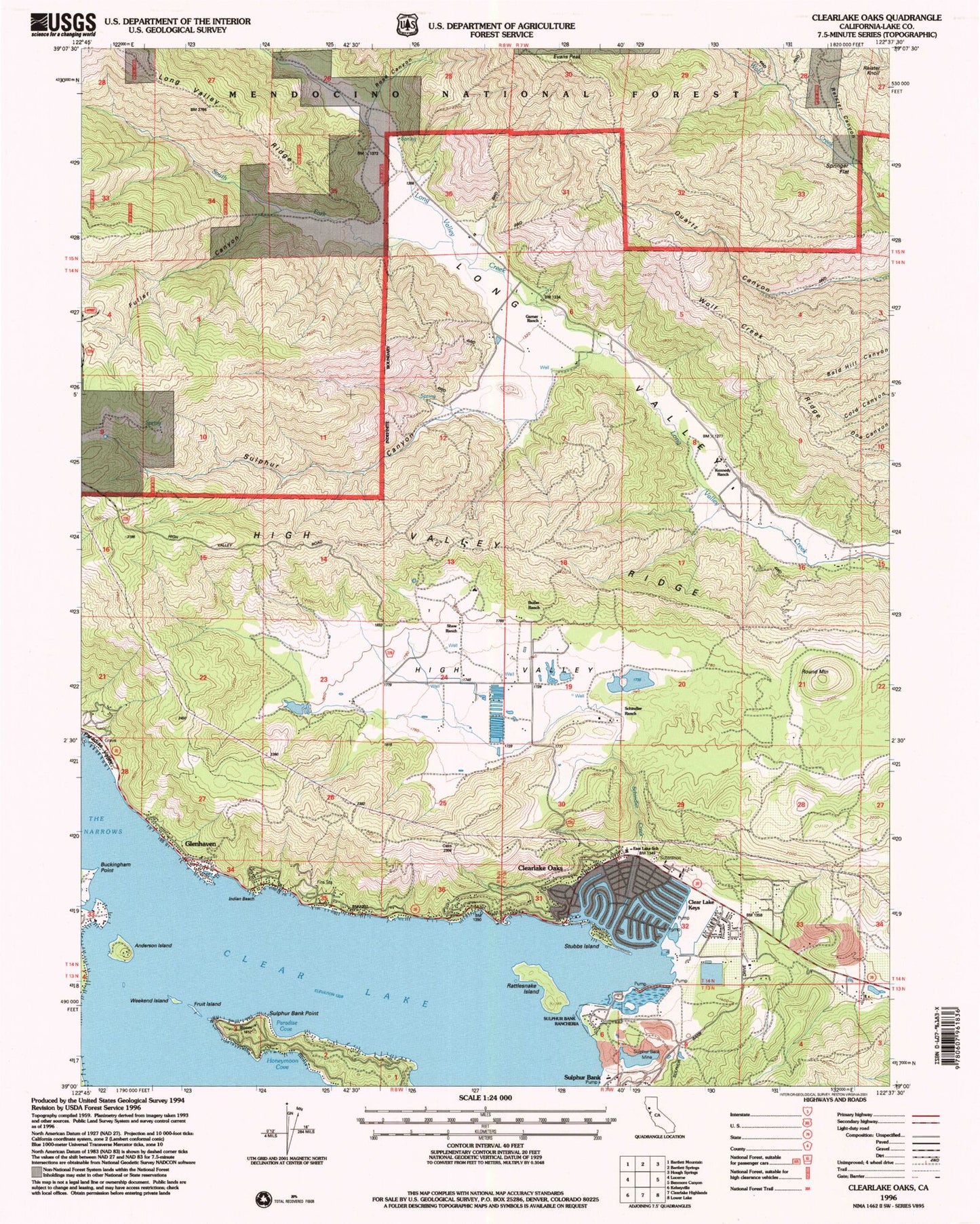Classic USGS Clearlake Oaks California 7.5'x7.5' Topo Map Image