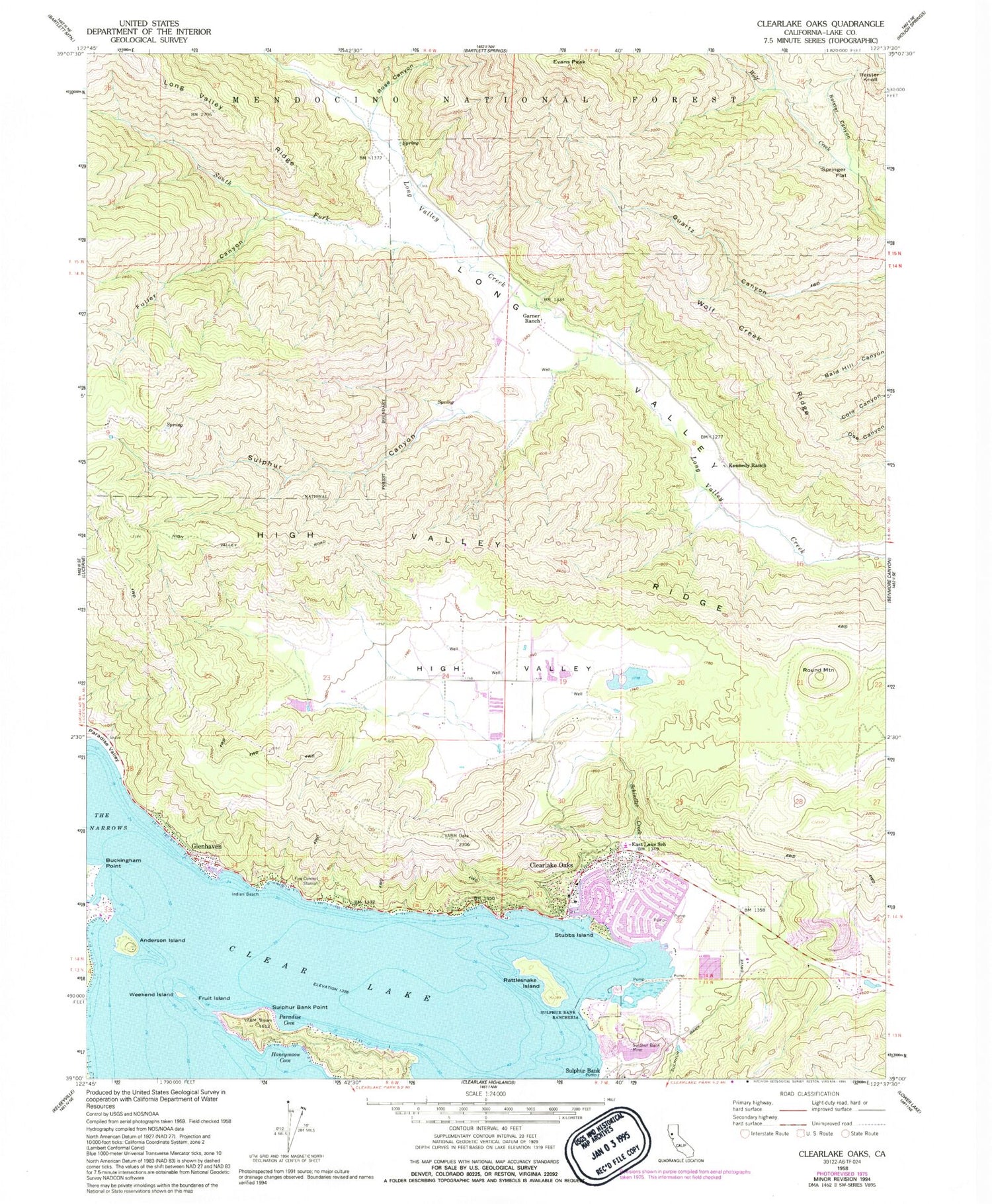 Classic USGS Clearlake Oaks California 7.5'x7.5' Topo Map Image