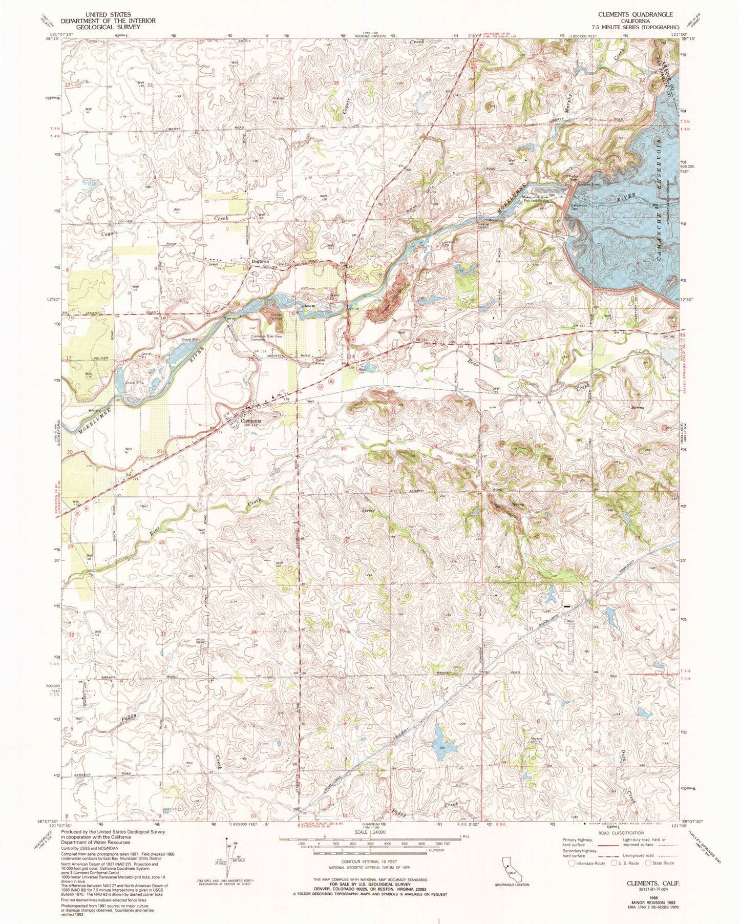 Classic USGS Clements California 7.5'x7.5' Topo Map Image