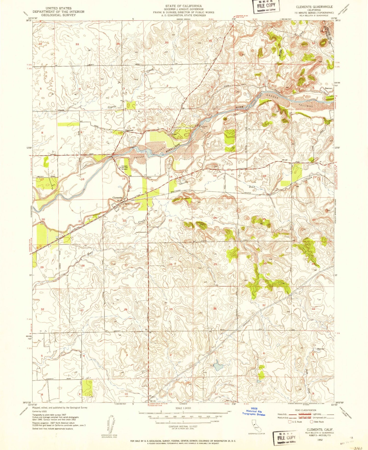 Classic USGS Clements California 7.5'x7.5' Topo Map Image