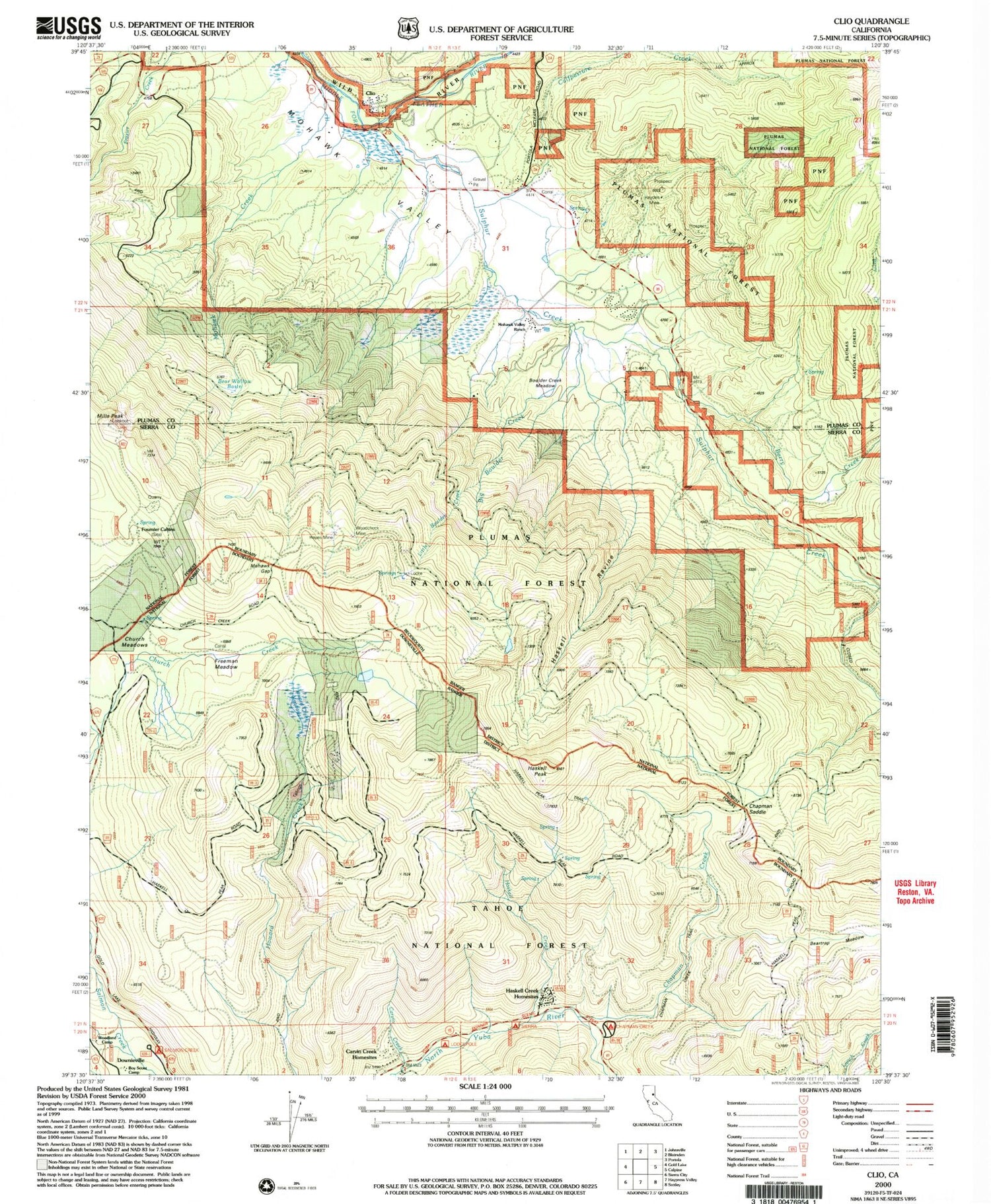 Classic USGS Clio California 7.5'x7.5' Topo Map Image