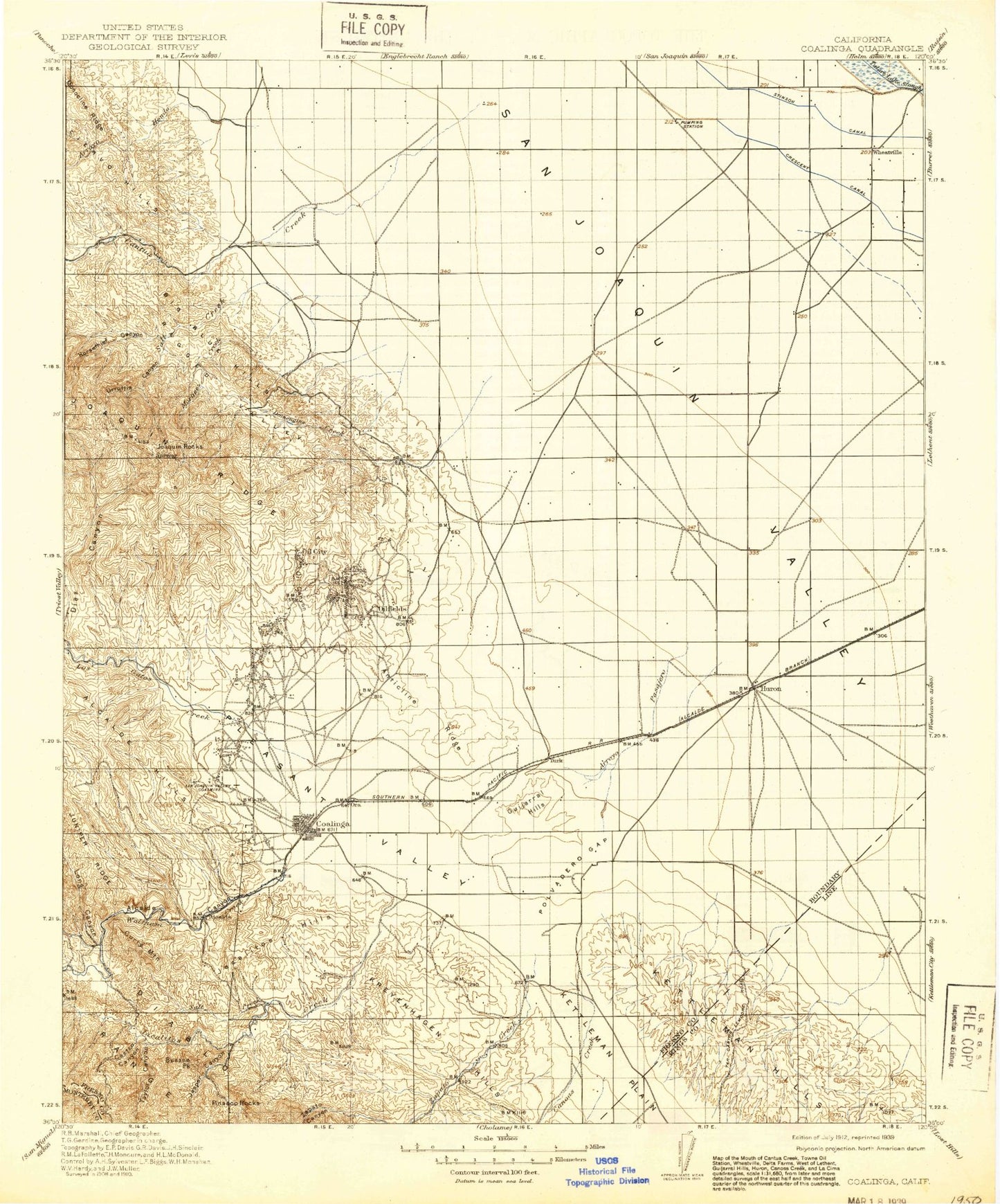 Historic 1912 Coalinga California 30'x30' Topo Map Image