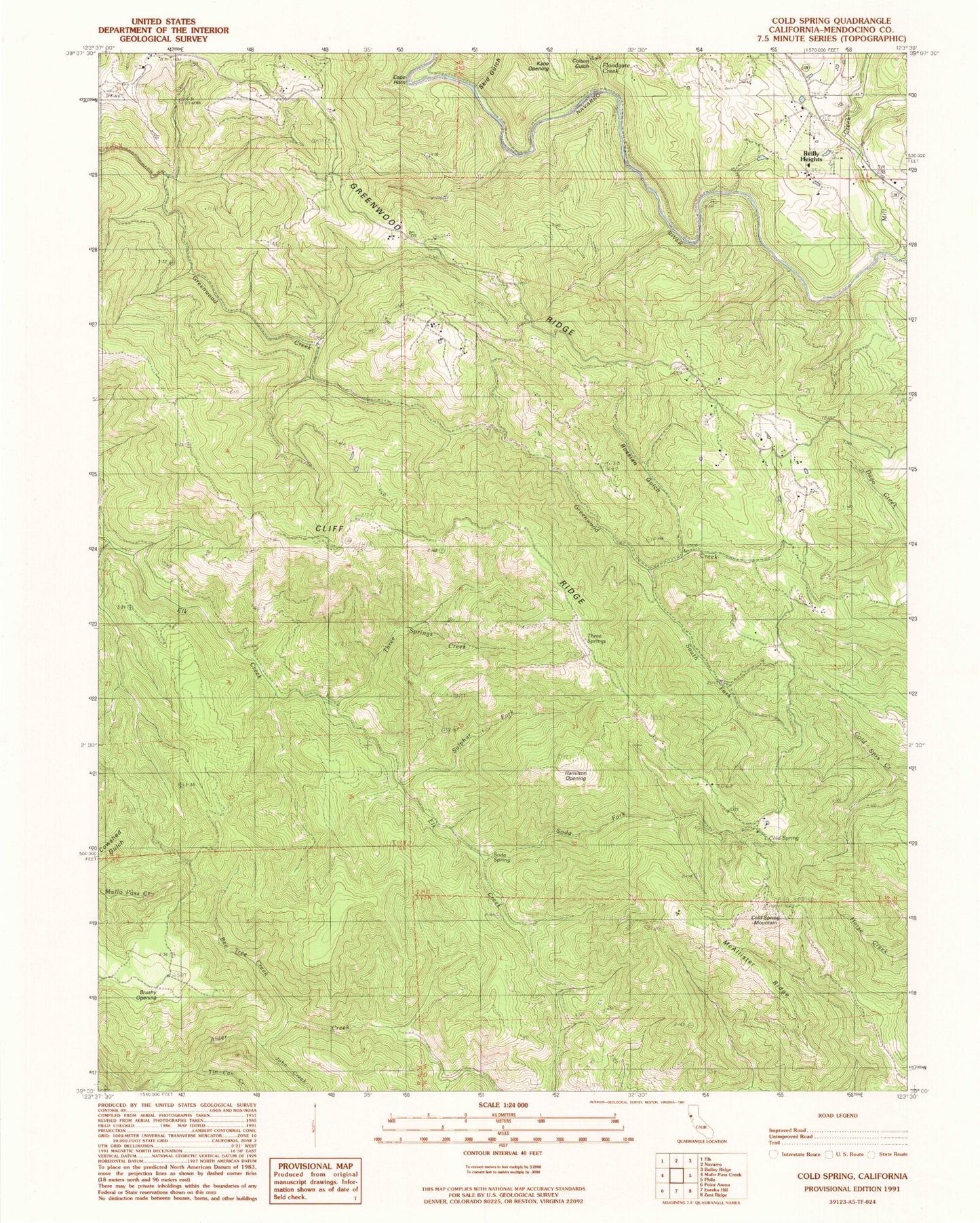 Classic USGS Cold Spring California 7.5'x7.5' Topo Map Image