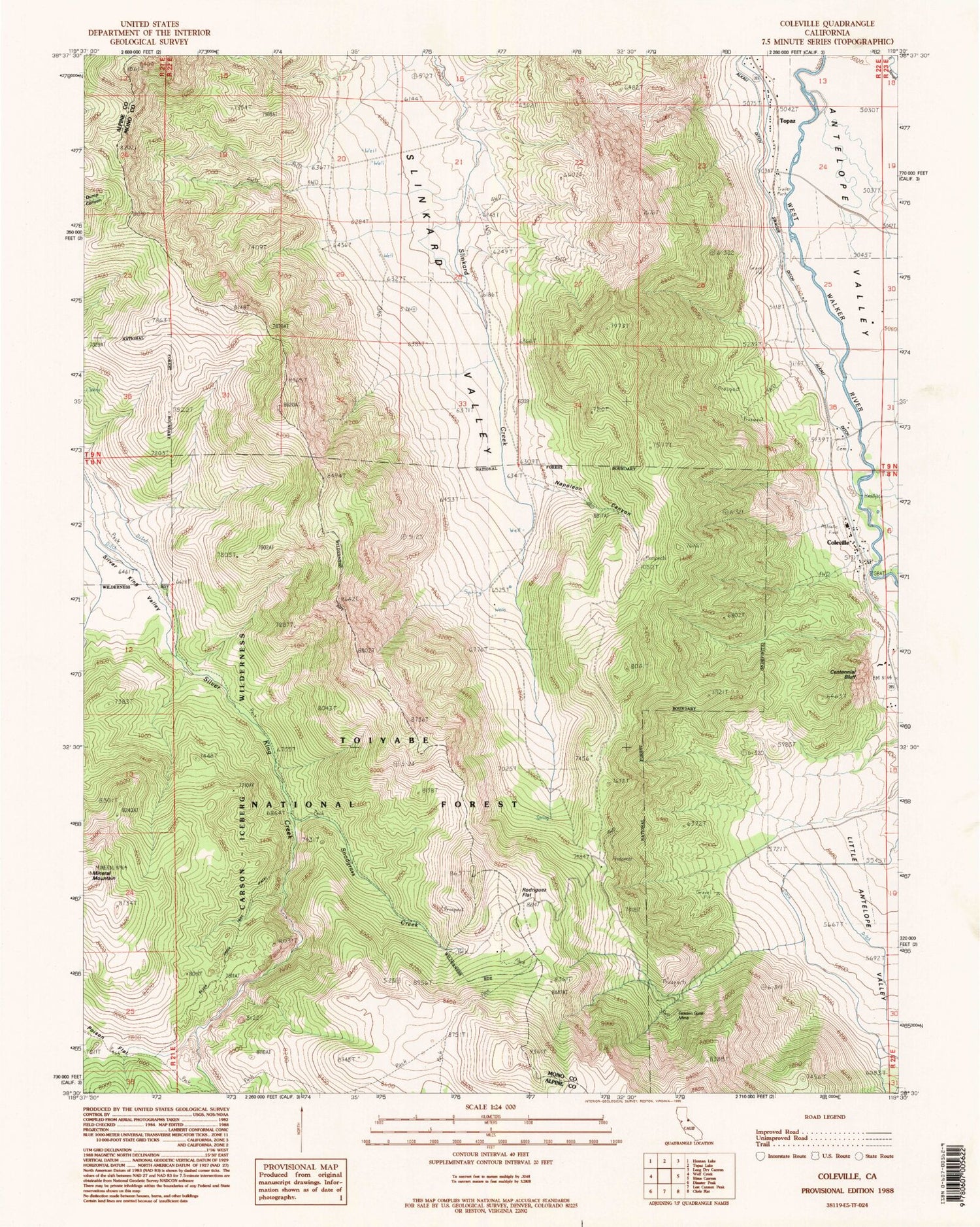 Classic USGS Coleville California 7.5'x7.5' Topo Map Image