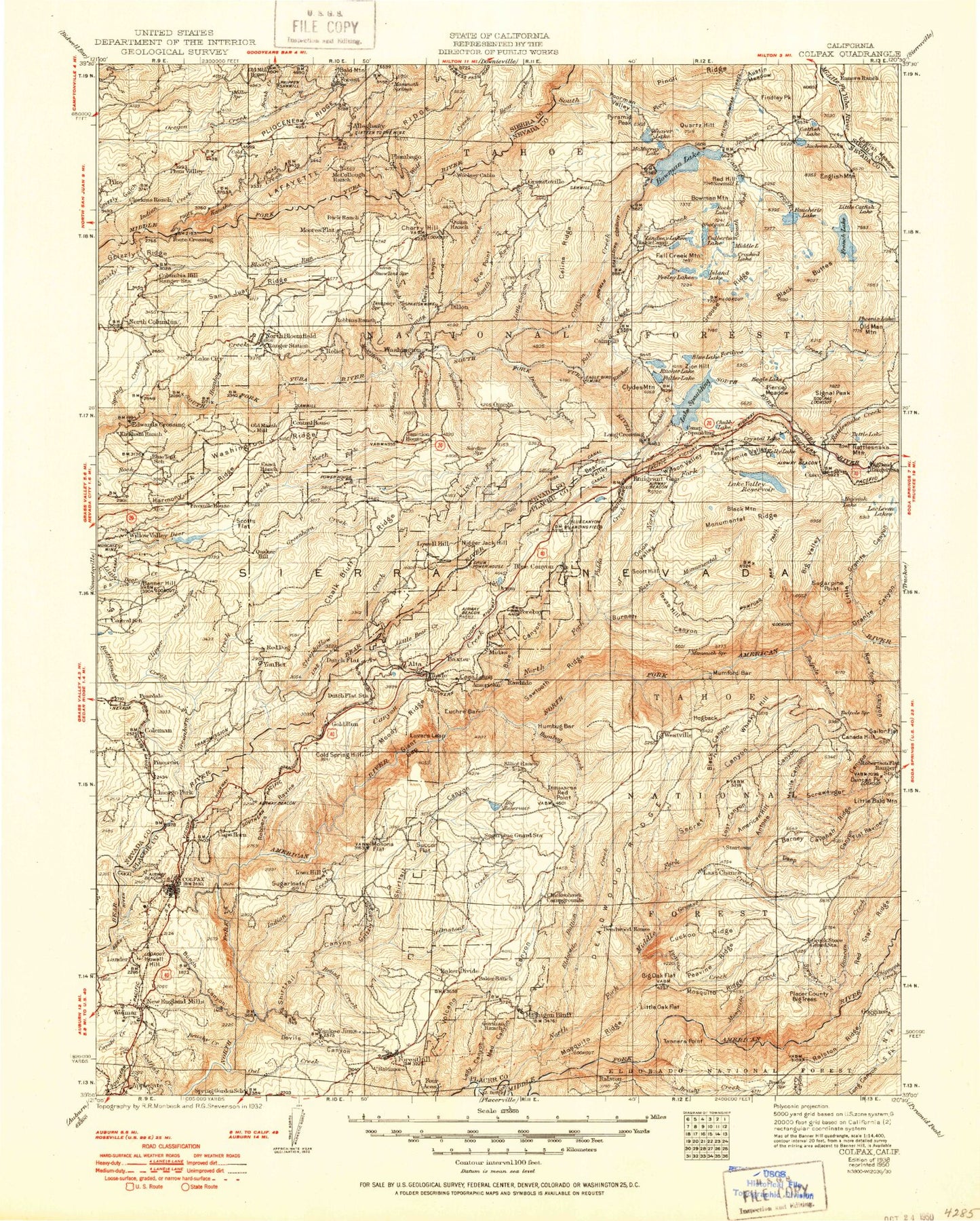 Historic 1938 Colfax California 30'x30' Topo Map Image