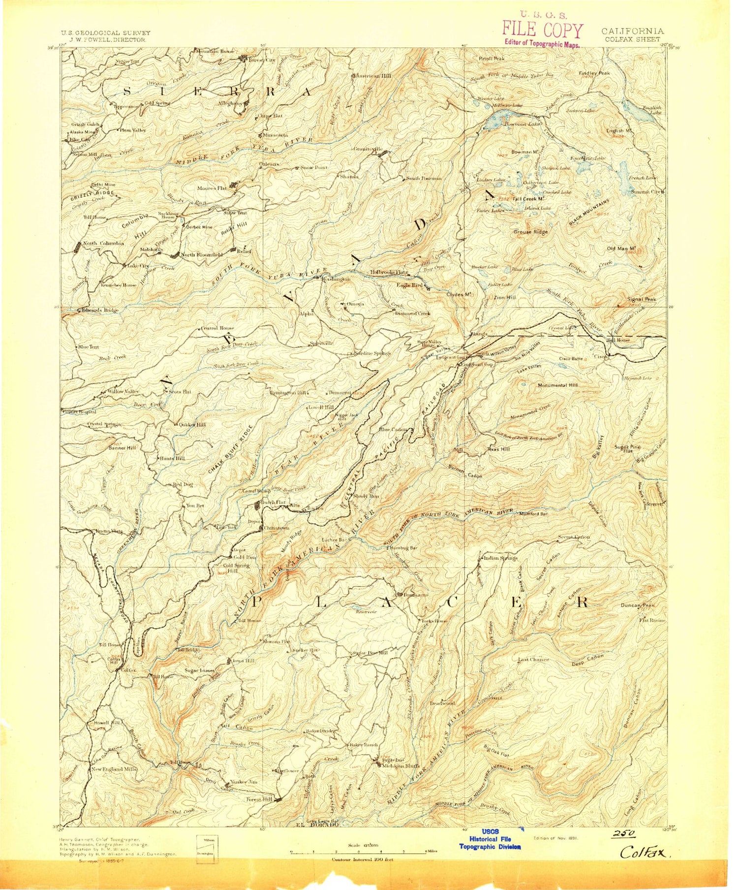 Historic 1891 Colfax California 30'x30' Topo Map Image