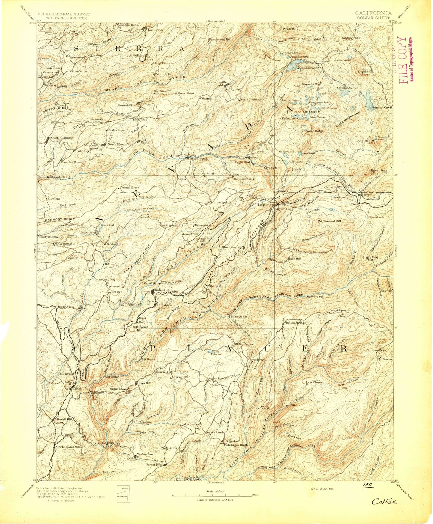 Historic 1894 Colfax California 30'x30' Topo Map Image