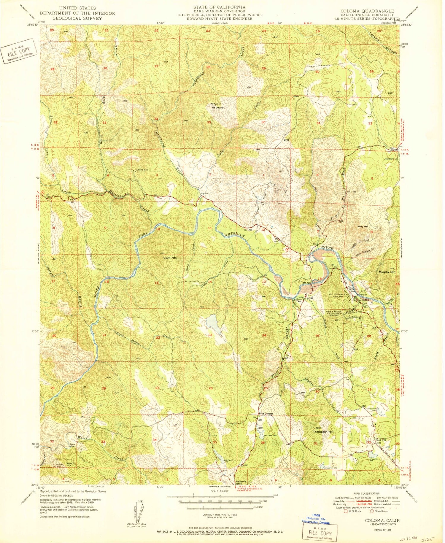 Classic USGS Coloma California 7.5'x7.5' Topo Map Image