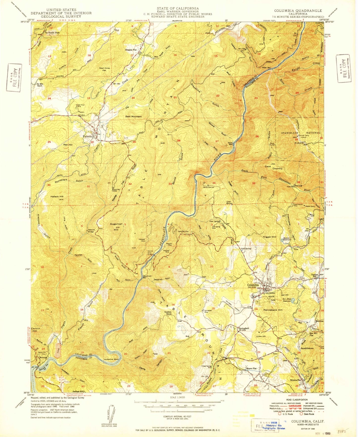 Classic USGS Columbia California 7.5'x7.5' Topo Map Image