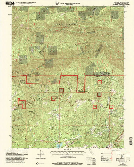 Classic USGS Columbia SE California 7.5'x7.5' Topo Map Image