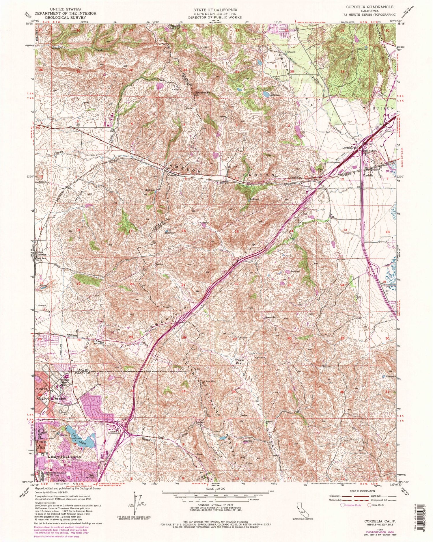 Classic USGS Cordelia California 7.5'x7.5' Topo Map Image